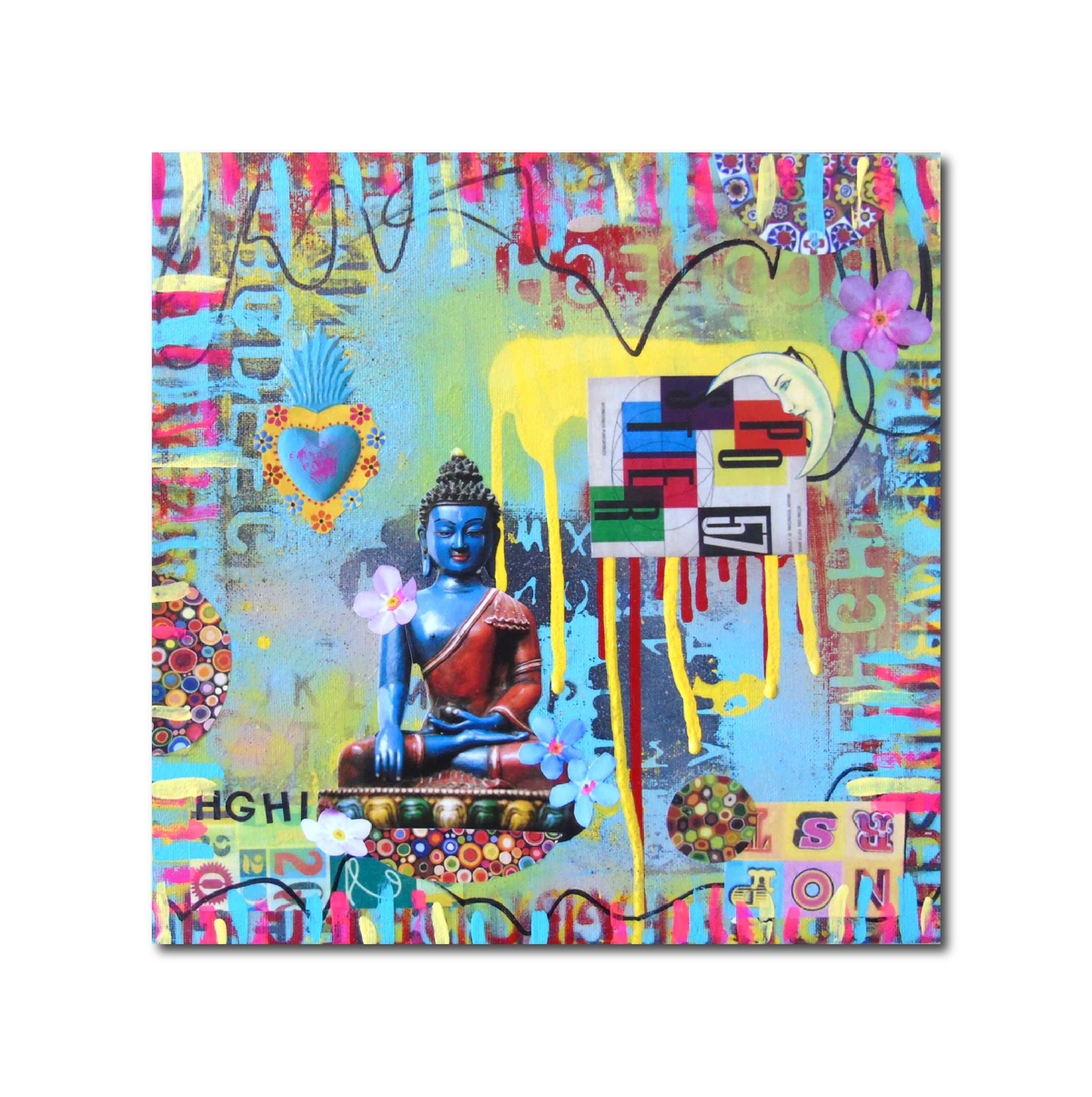 Abstract Acrylic Collage Contemporary Expressionist Figurative Surrealism Visionary 'POETRY BUDDHA' - Mixed media on canvas Lorette C. Luzajic
