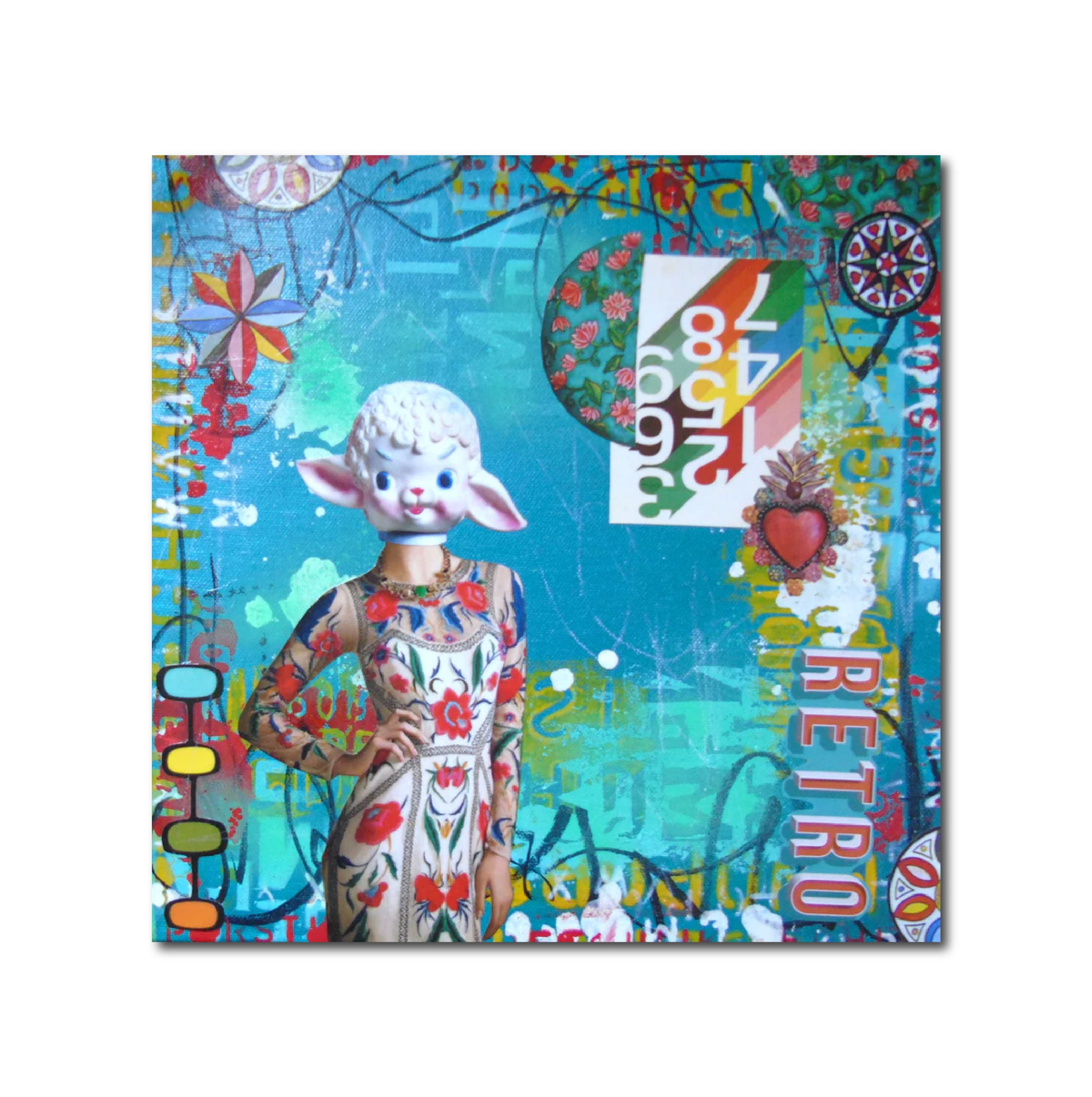 Abstract Acrylic Collage Contemporary Expressionist Figurative Surrealism Visionary 'RETRO MISS LAMB' - Mixed media on canvas Lorette C. Luzajic