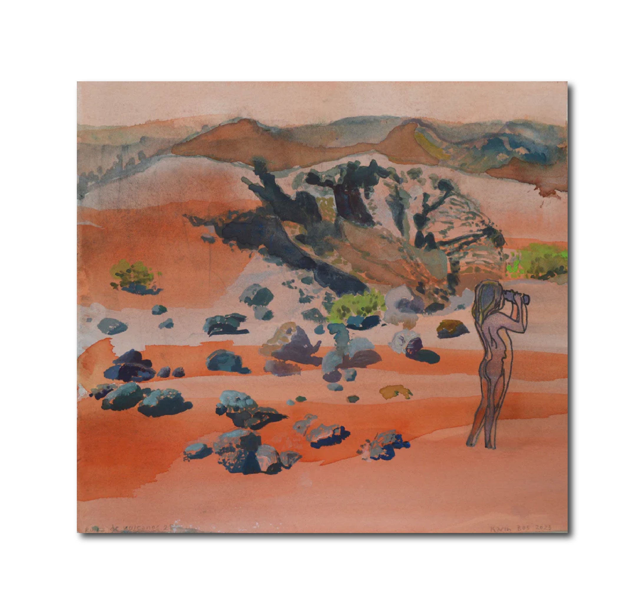 Contemporary Figurative Landscape Painting Watercolor 'RUTA DE VOLCANOS 2' - Gouache and Screenprint on Paper Karin Bos