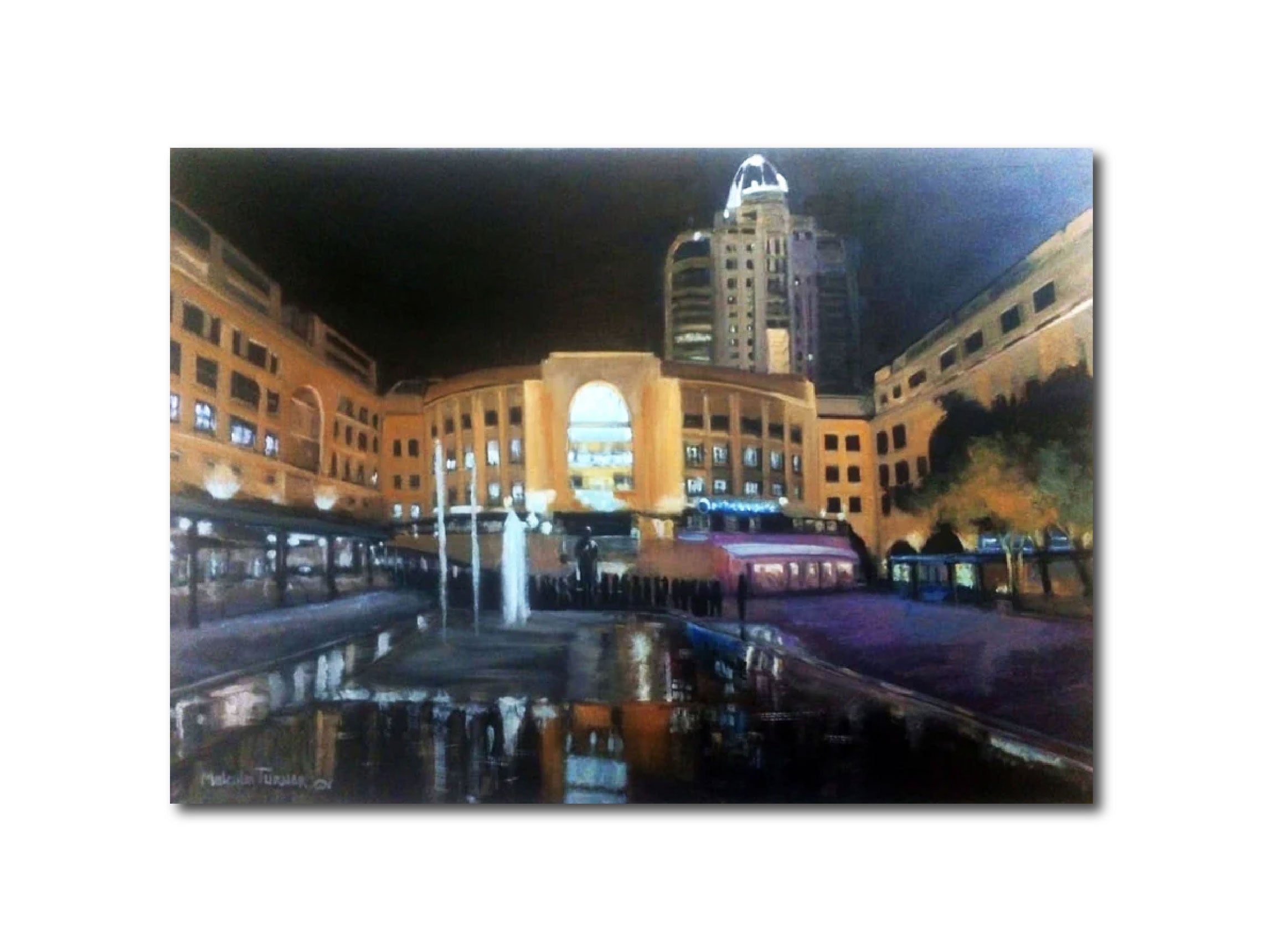 Figurative 'NELSON MANDELA SQUARE AT NIGHT' - Oil Painting on Stretched Canvas Malcolm Turner