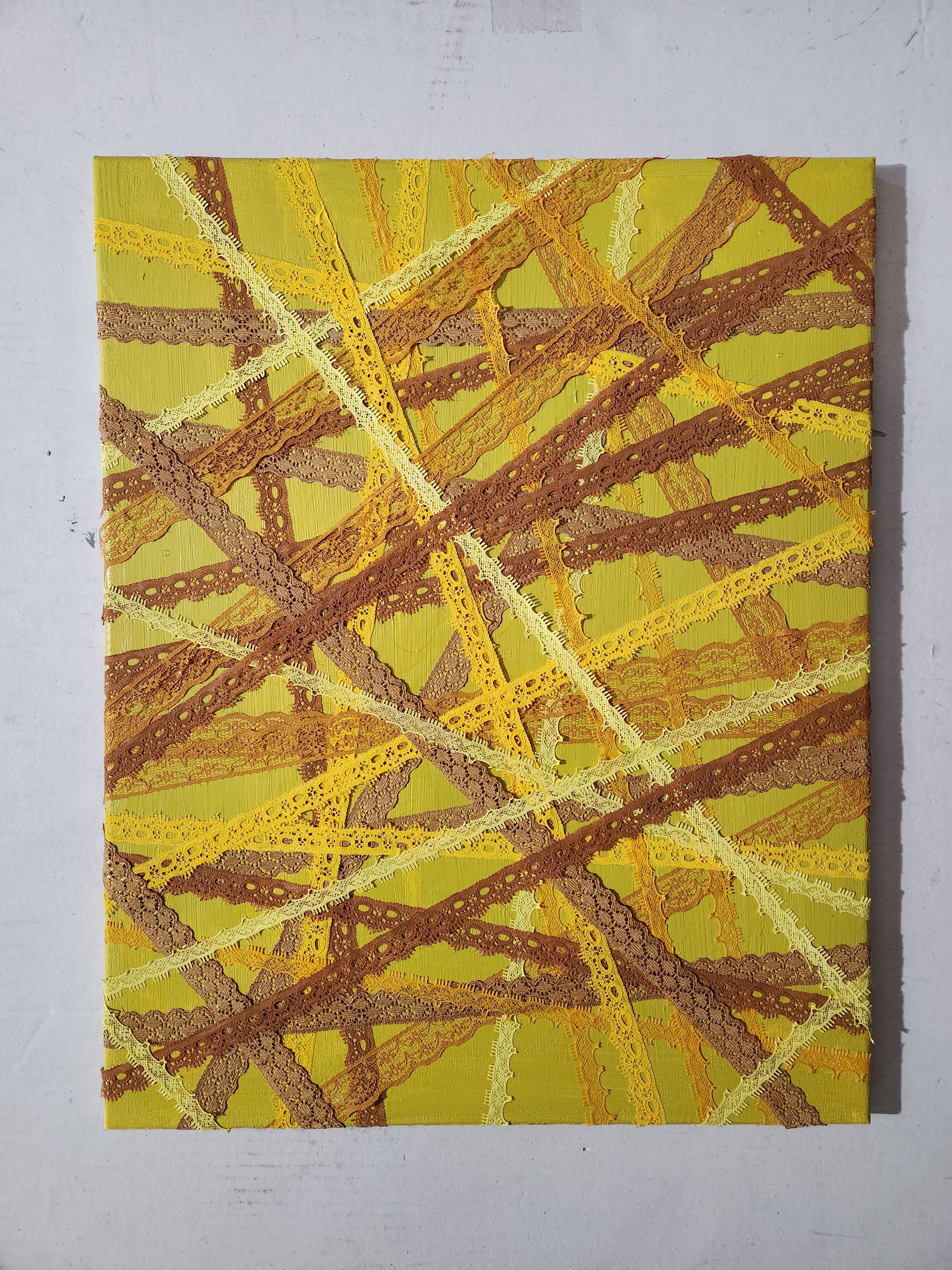 Abstract Acrylic Contemporary Painting 'YELLOW WEBS' Acrylic, Lace, and Mixed Media on Canvas Ulani Curry