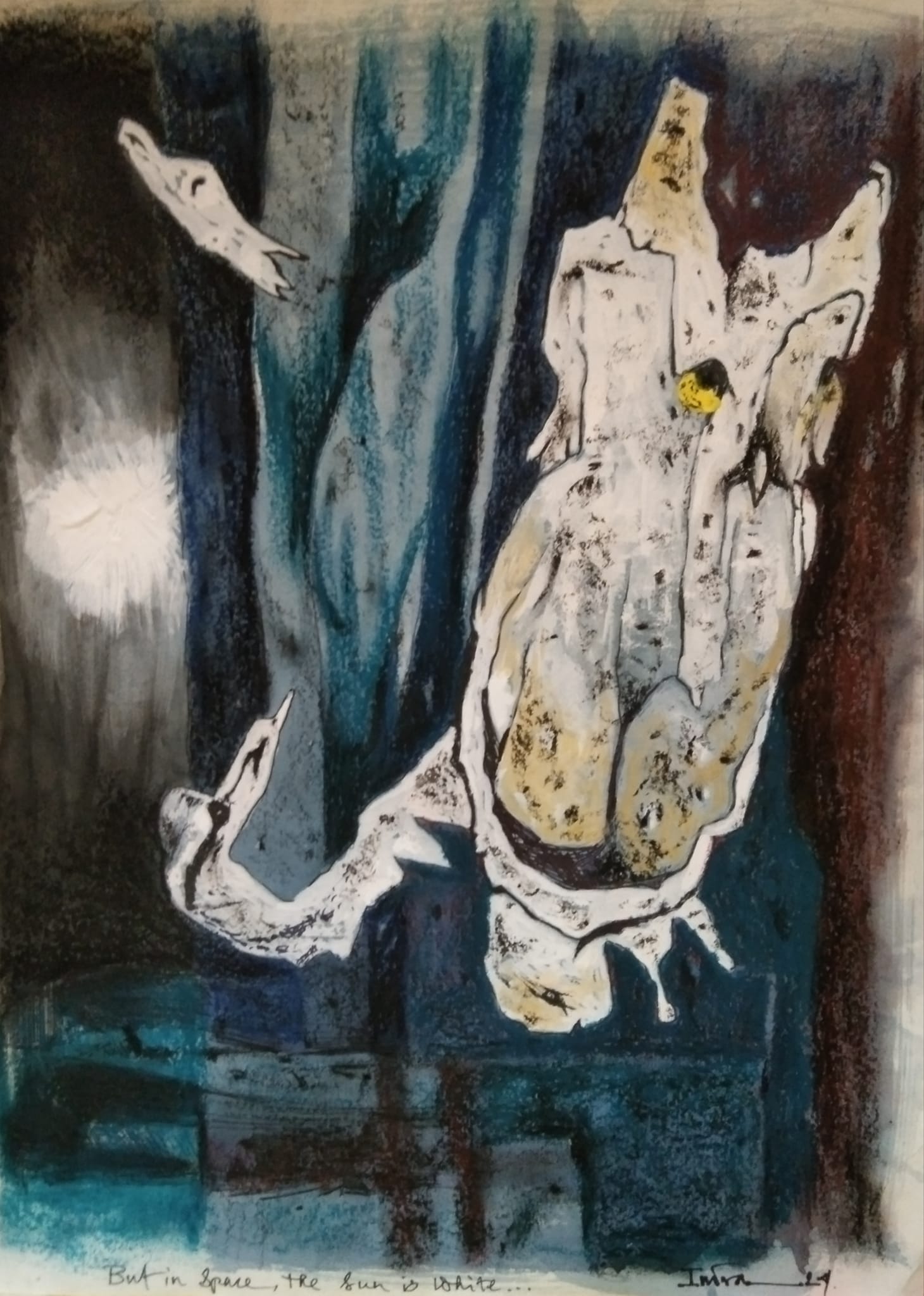 Abstract Painting 'BUT IN SPACE, SUN IS WHITE' - Mixed media on A3 paper Indranil Banerjee
