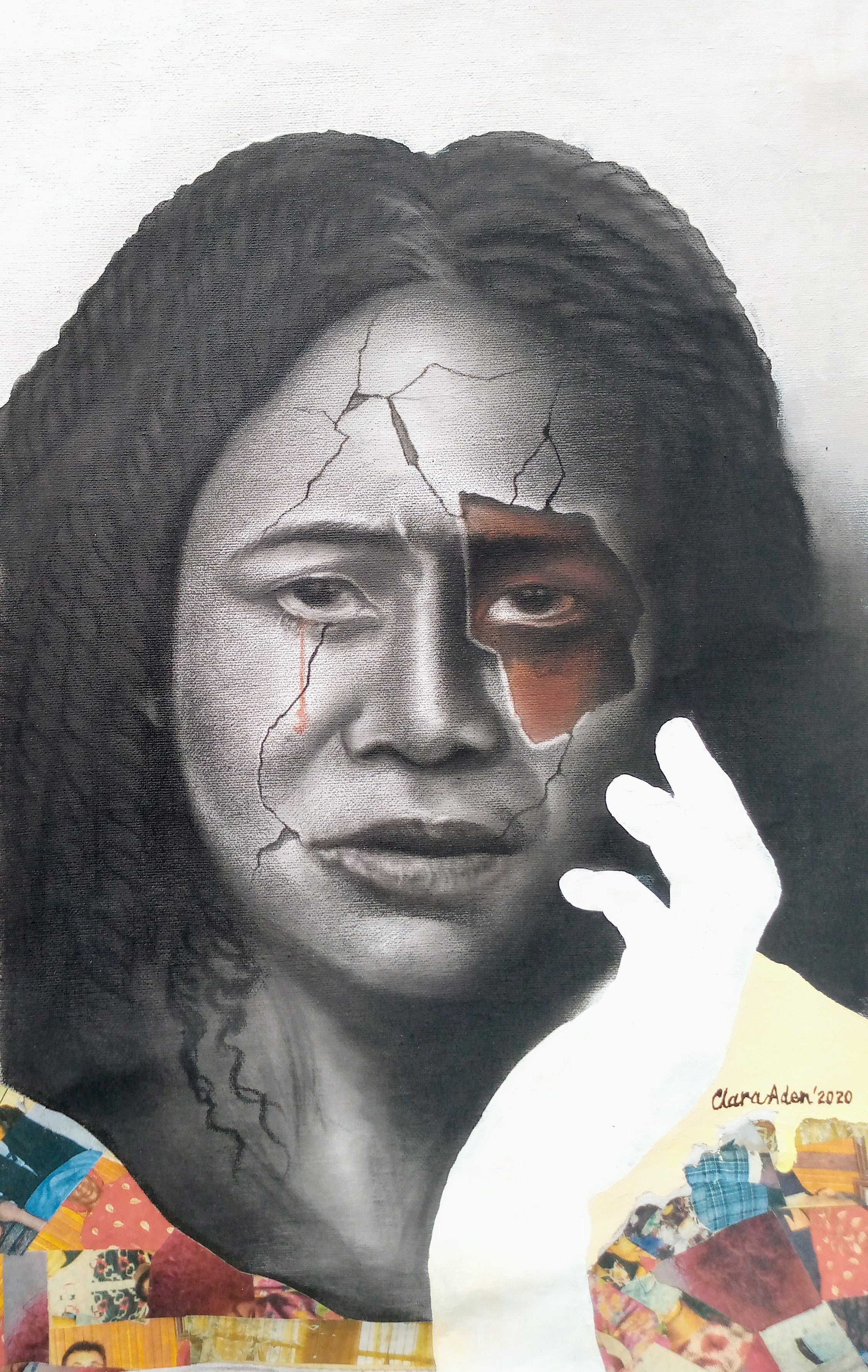 Acrylic Drawing Painting 'EYE CRACK' - Charcoal, Acrylics, Paper Collage on Canvas Clara Aden