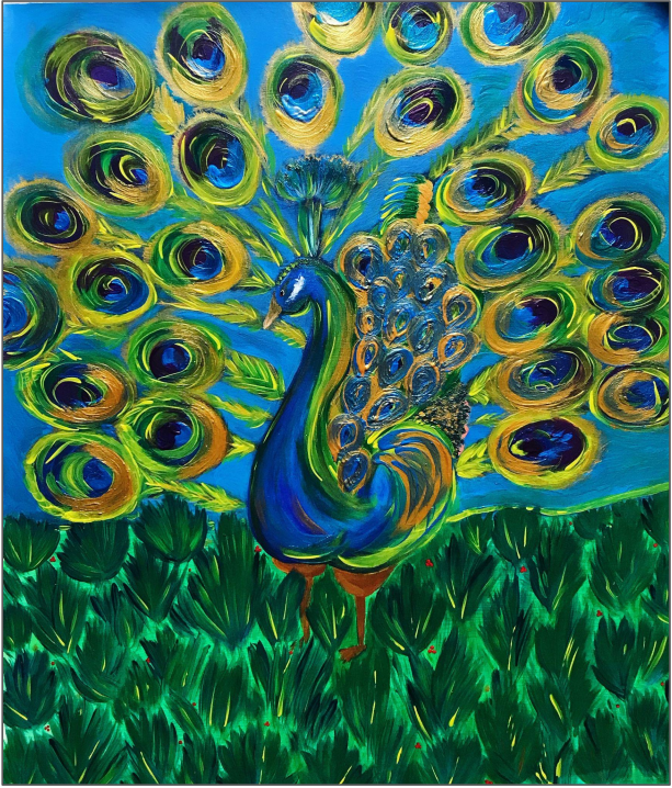 Contemporary Figurative 'PEACOCK STROLLS THROUGH THE OASIS' - Acrylic on canvas, acrylic wax, varnish Elena Suprema