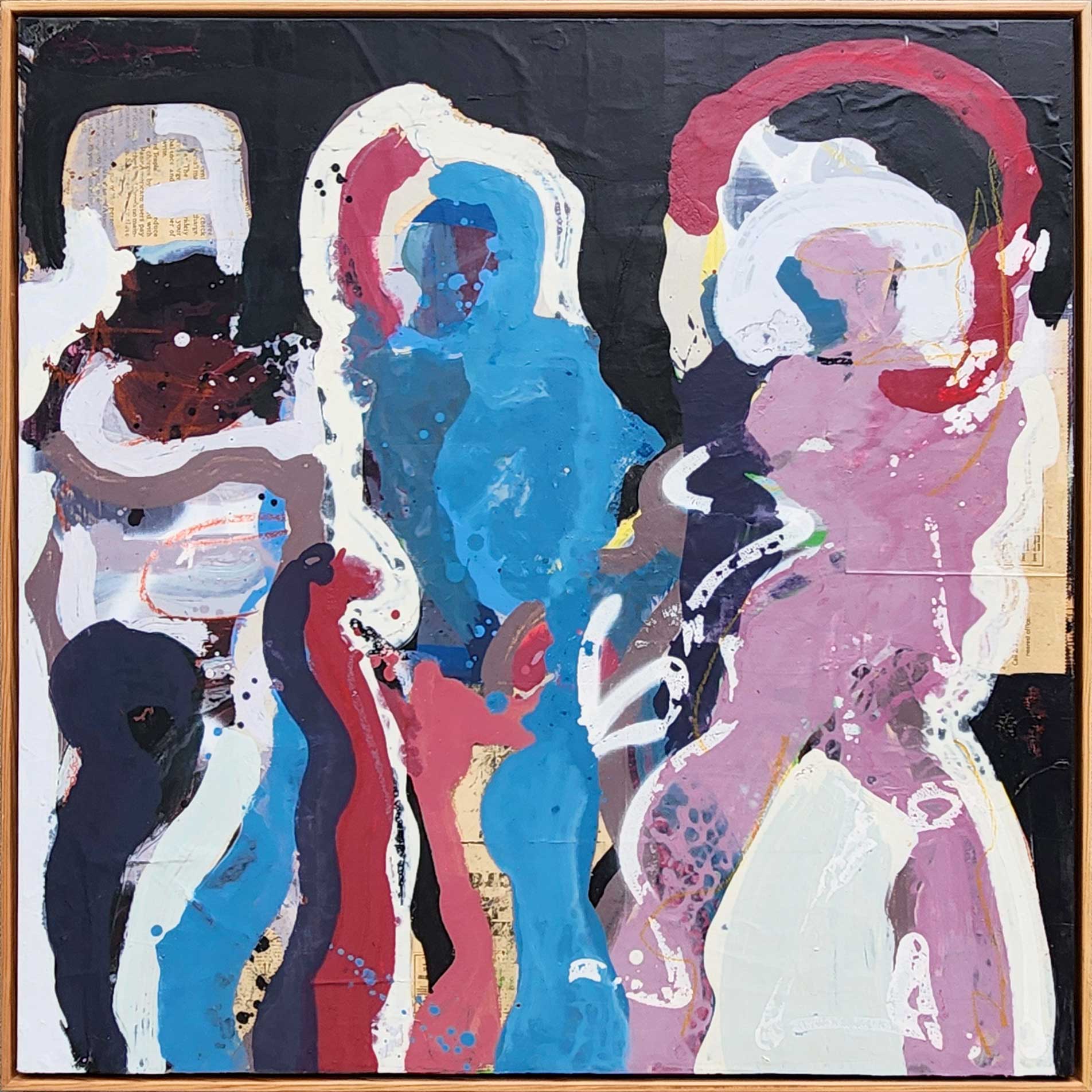 Figurative Paint 'FINALLY SPACEWALK “A”' - Vintage Newspaper, Pastel & Paint on Canvas Dale Voelker