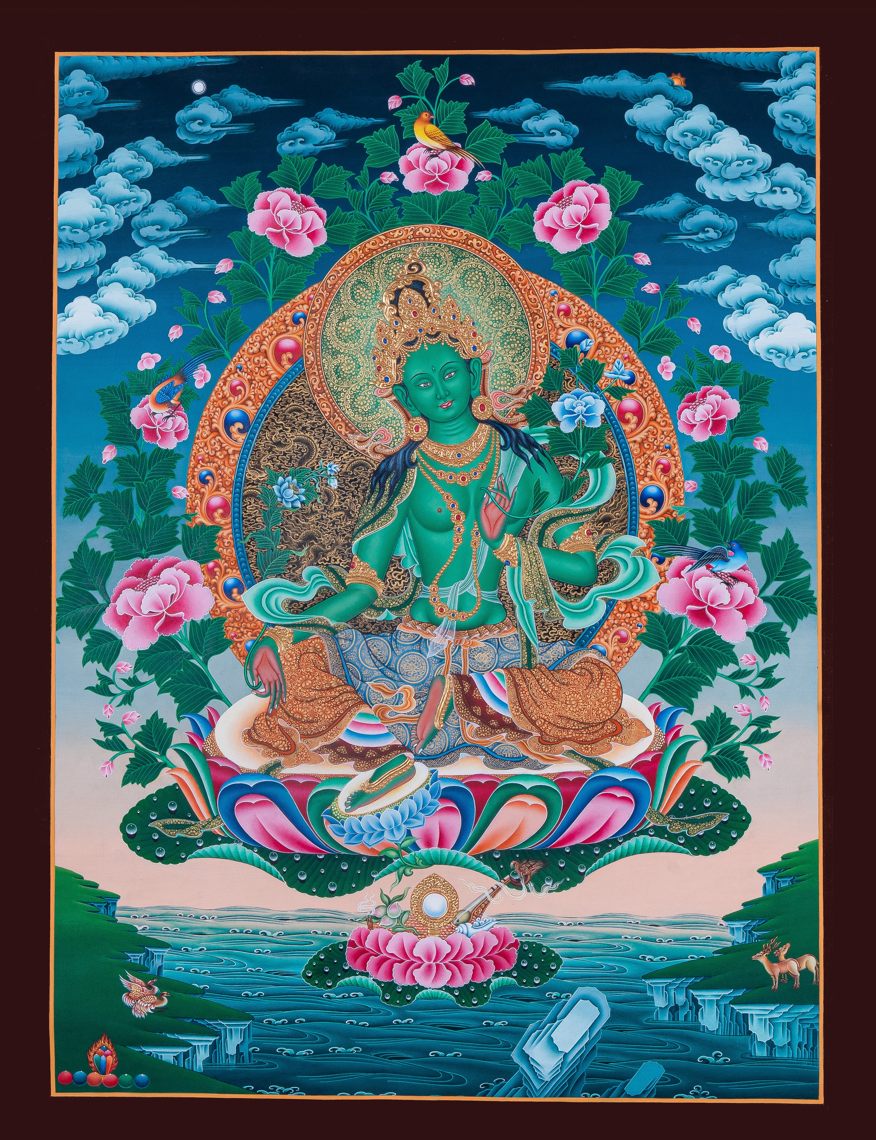 Design Figurative Painting Psychedelic Thanka Visionary 'GREEN TARA' Boudha Stupa Thanka Center