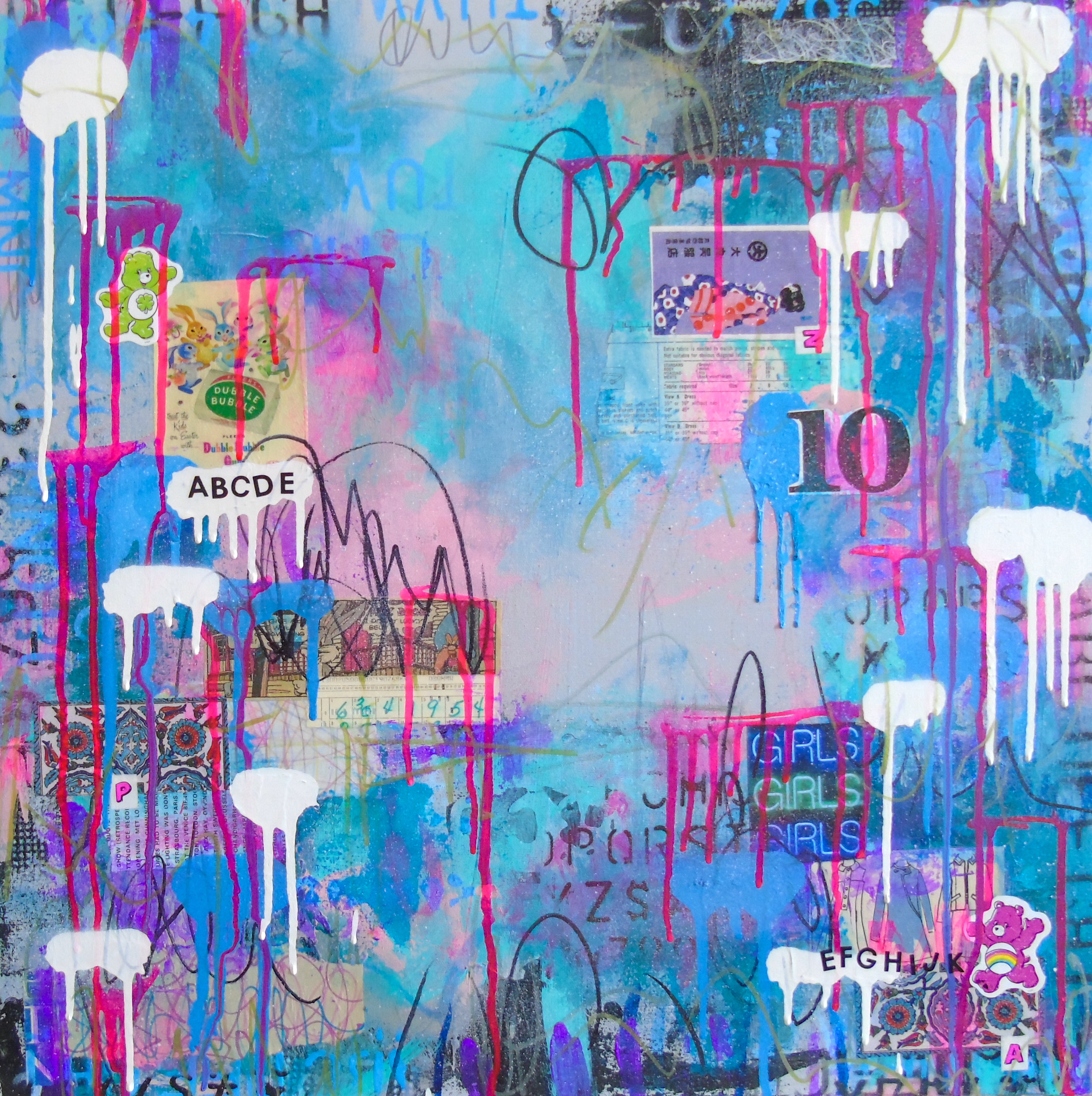 Acrylic Collage Contemporary Expressionist Painting 'GIRLS GIRLS GIRLS' Lorette C. Luzajic