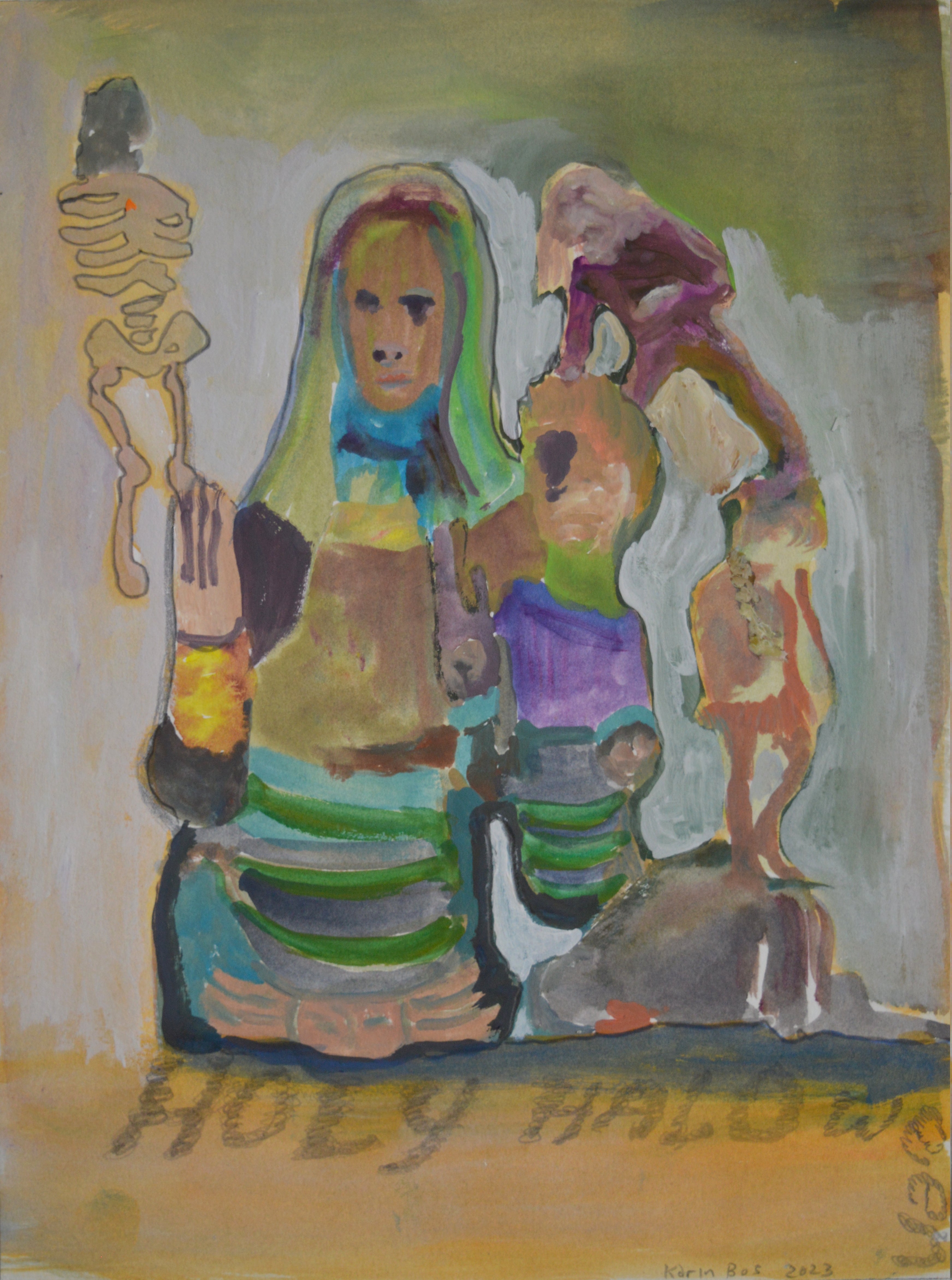Contemporary Figurative Painting Watercolor 'HOLY HALLOWEEN' - Gouache and Pencil on Paper Karin Bos