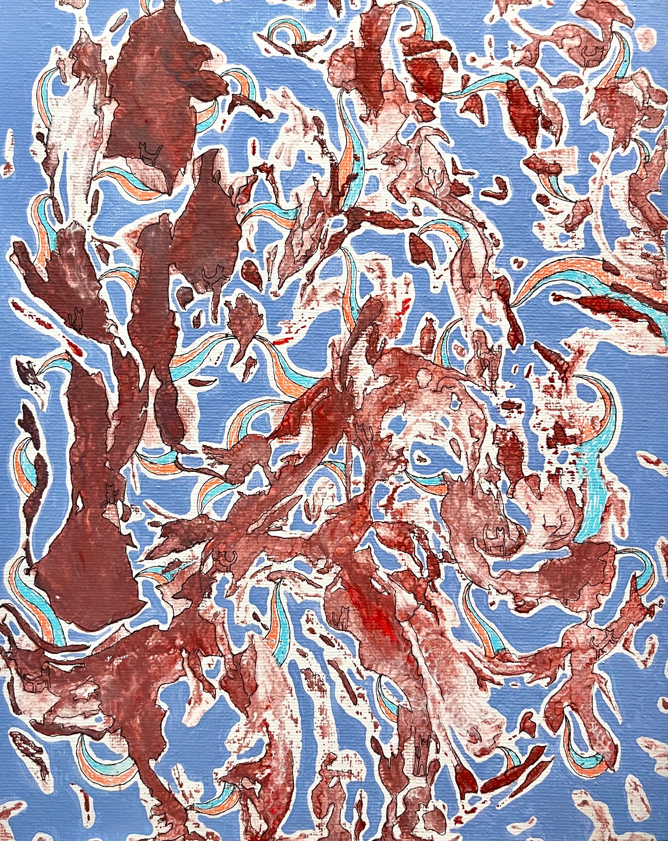 Abstract Acrylic Surrealist 'COSMIC CATS' - Acrylic on Canvas Board June McCall