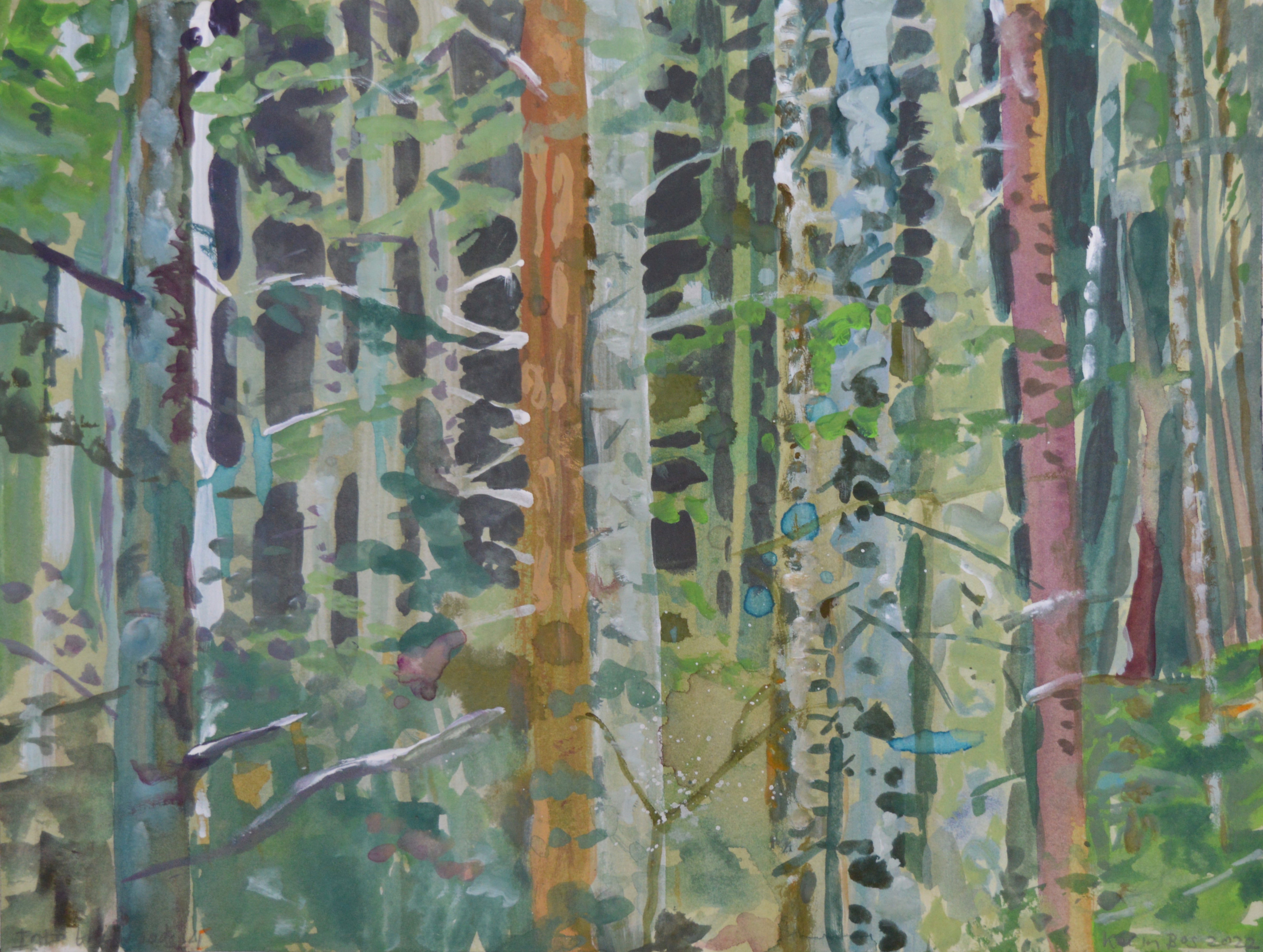Contemporary Figurative Landscape Painting Watercolor 'INTO THE WOODS 4' - Gouache on Paper Karin Bos