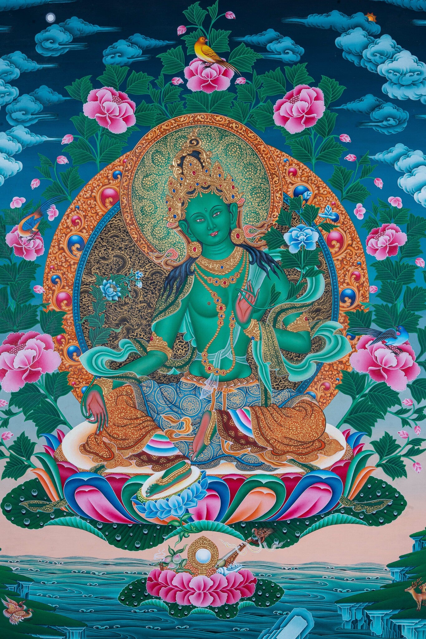 Design Figurative Painting Psychedelic Thanka Visionary 'GREEN TARA' Boudha Stupa Thanka Center