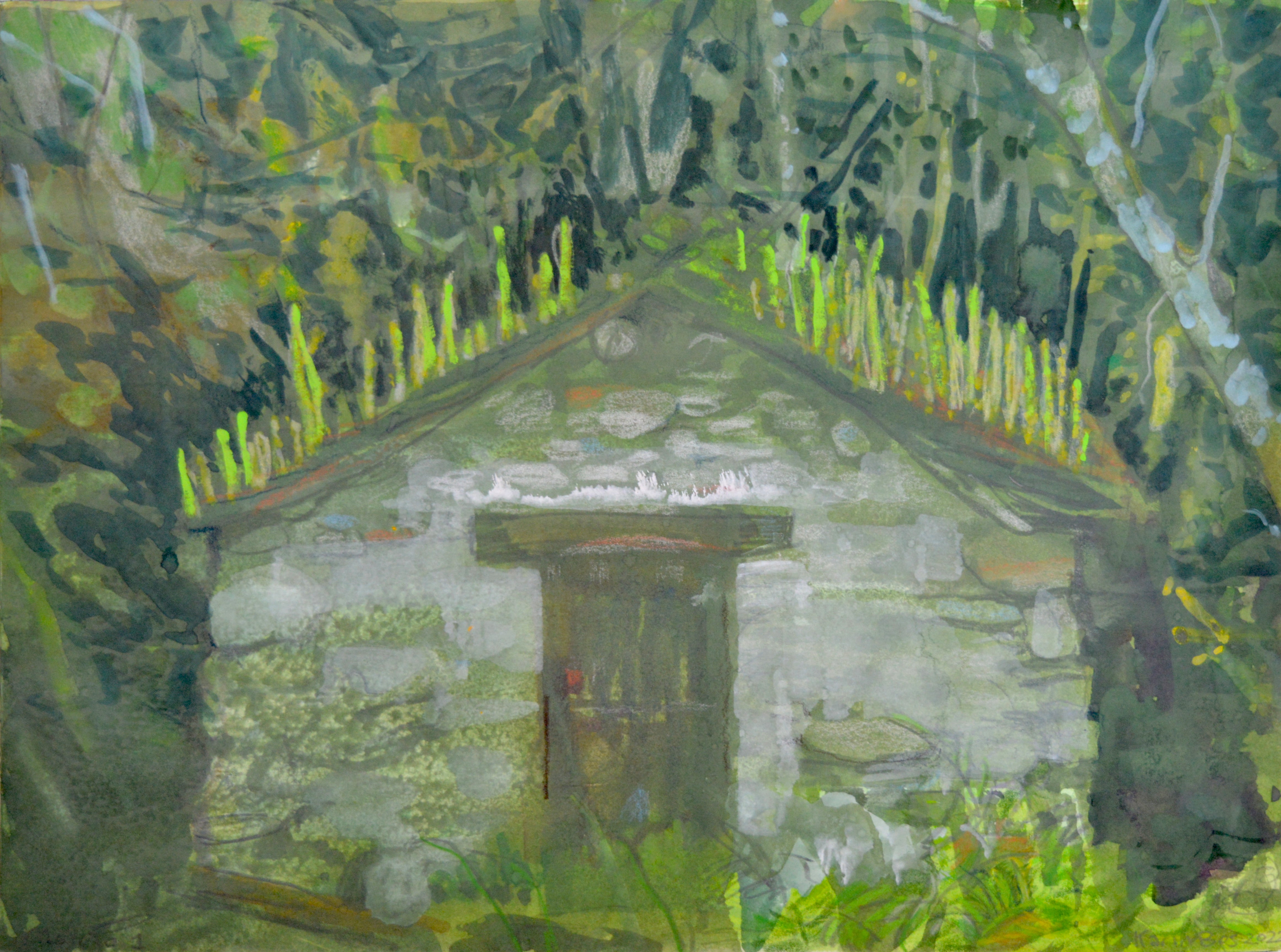Contemporary Figurative Landscape Painting Watercolor 'MOLINO 1' - Gouache and Pastel Chalk on Paper Karin Bos