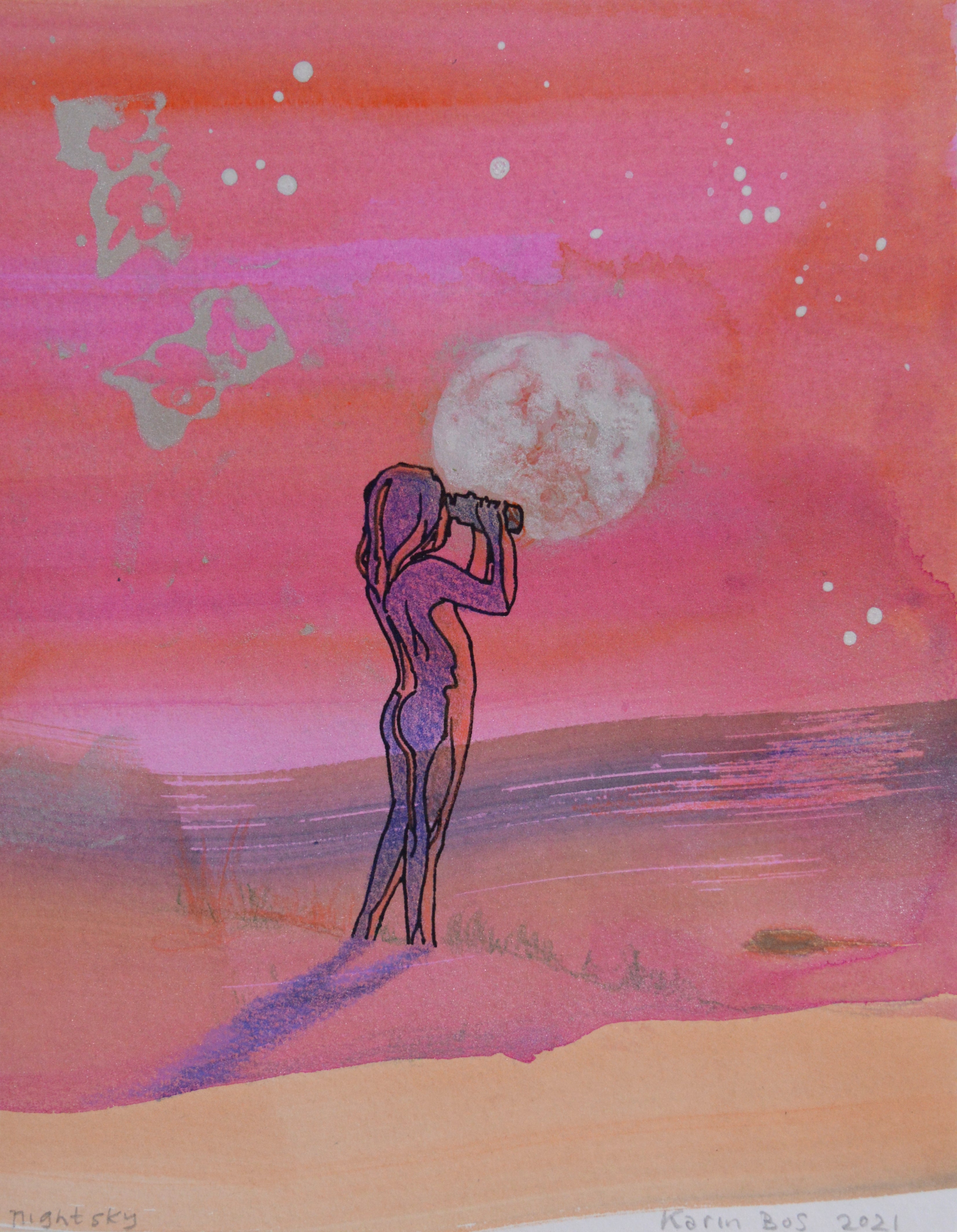 Contemporary Figurative Landscape Painting Watercolor 'NIGHT SKY' - Gouache, Pencil, Screenprint on Paper Karin Bos