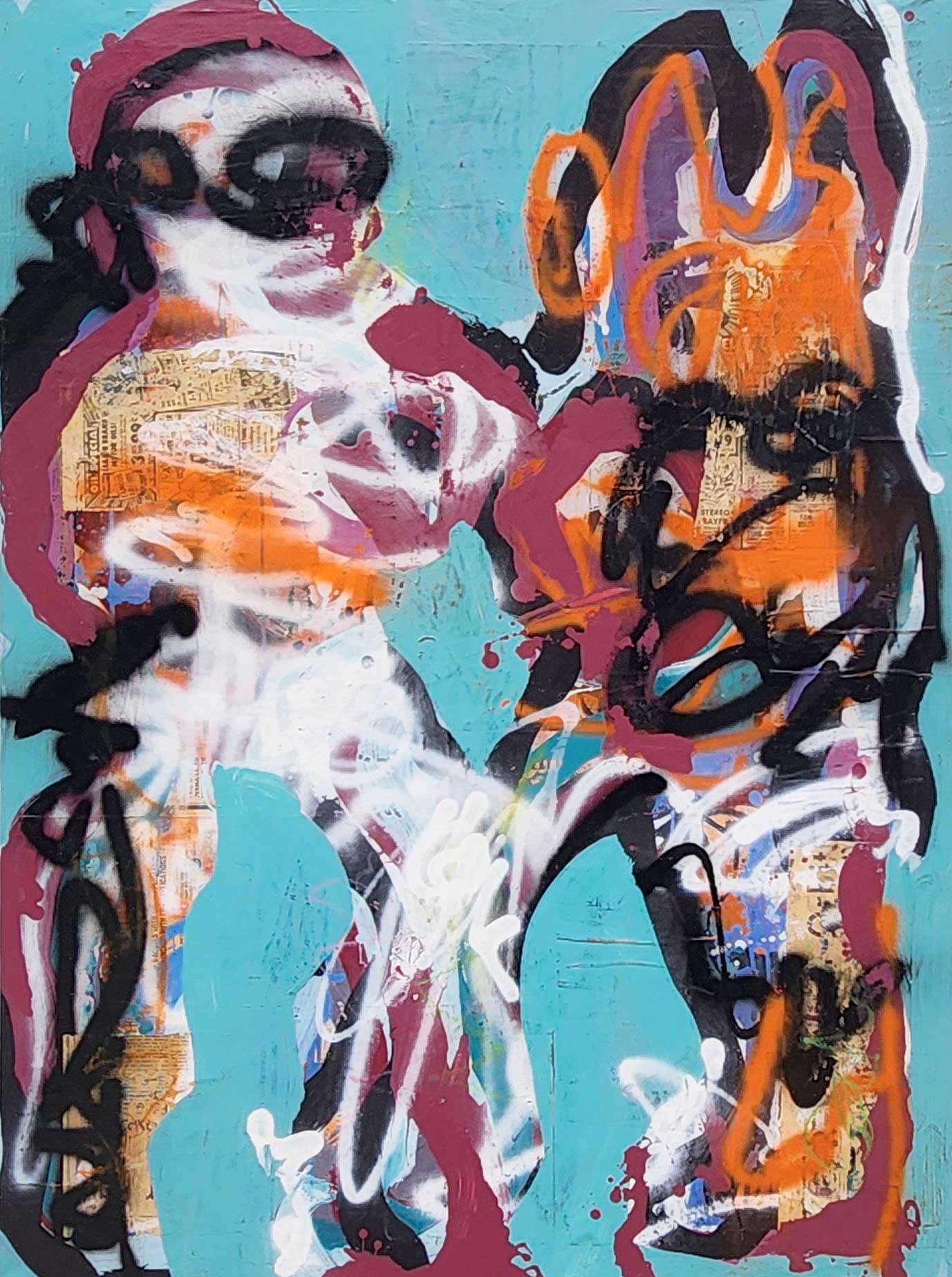 Figurative Paint 'PREPARING FOR BENDS' - Vintage Newspaper & Paint on Canvas Dale Voelker