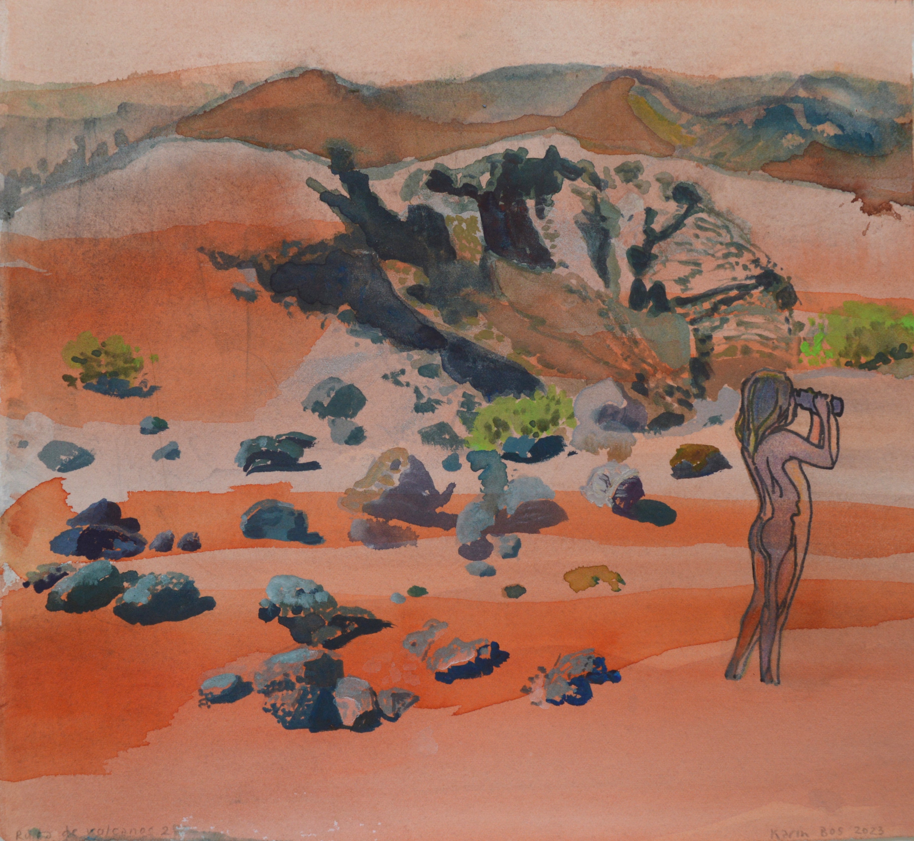 Contemporary Figurative Landscape Painting Watercolor 'RUTA DE VOLCANOS 2' - Gouache and Screenprint on Paper Karin Bos