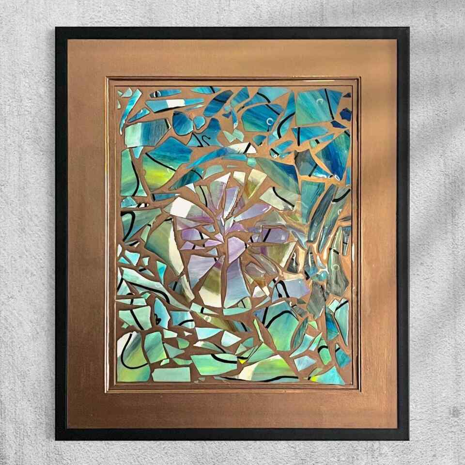 Abstract Acrylic Collage Contemporary Oil Painting 'SHATTERED GLASS' - Original Framed Abstract Art Painting Collage Assemblage. Sam Lewis