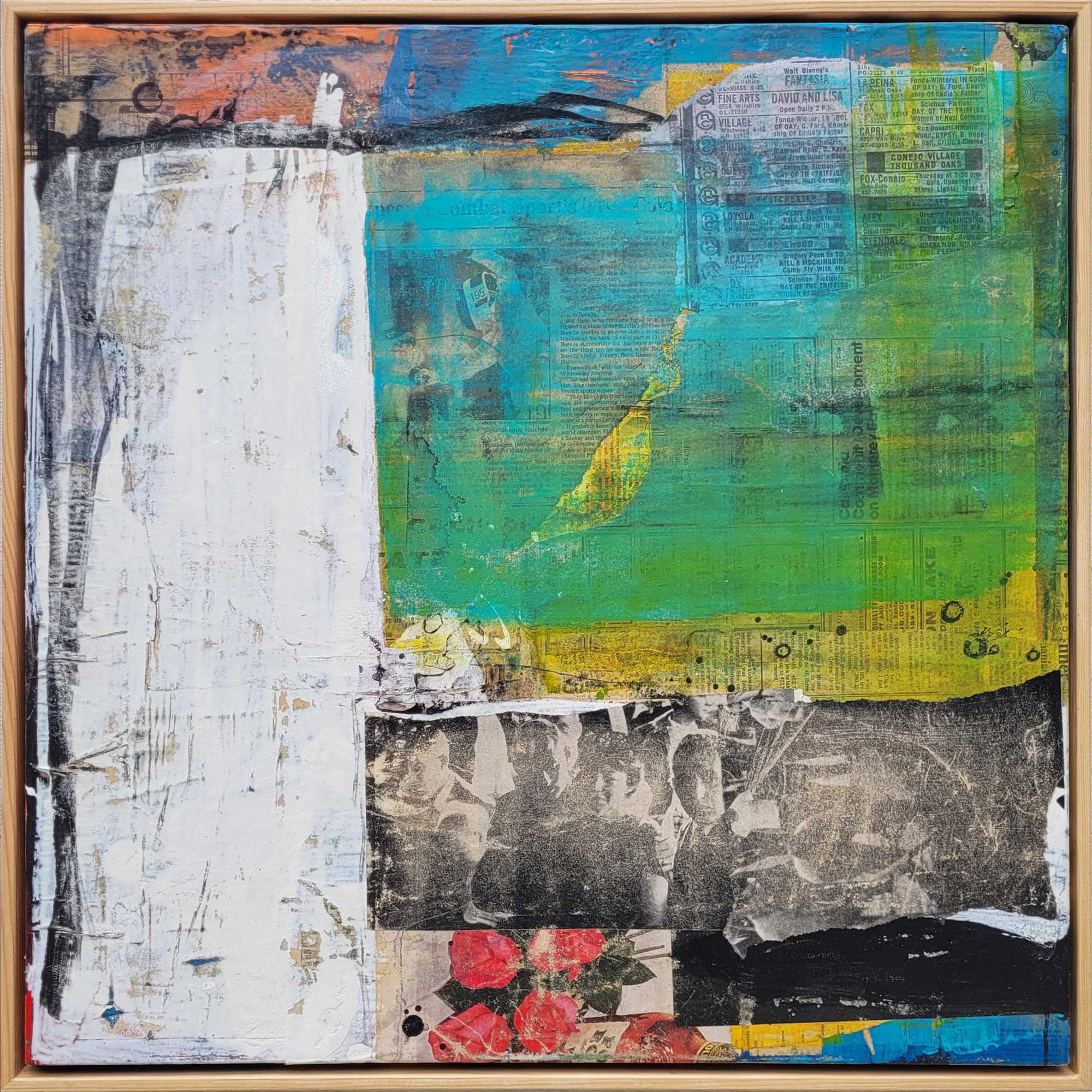 Abstract Paint wood 'STARS! LIGHTS! MUSIC!' - Vintage Newspaper & Paint on Wood Panel Dale Voelker