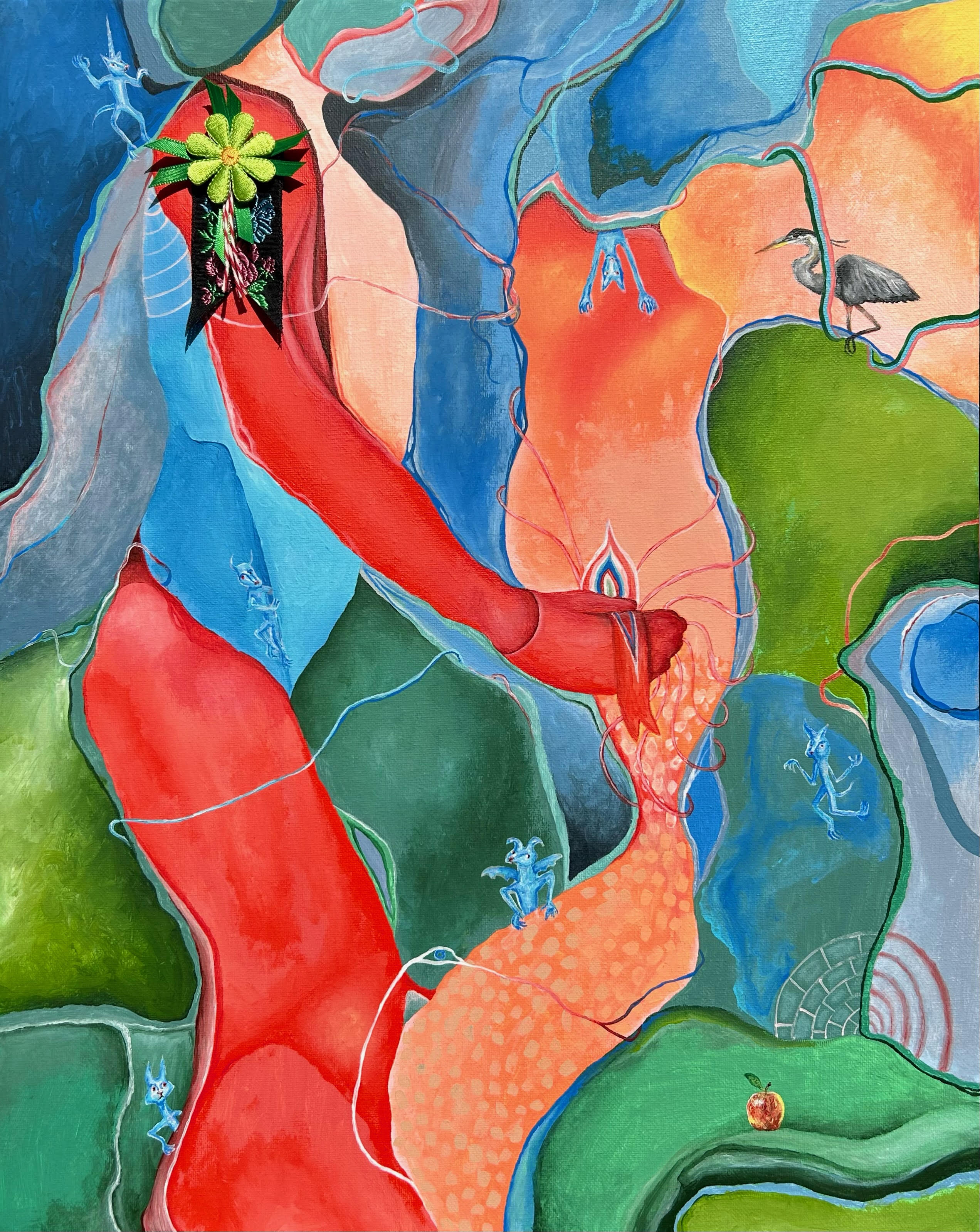 Contemporary Mixed Media 'FIRST PLACE' - Acrylic paint, fabric, and thread on canvas June McCall