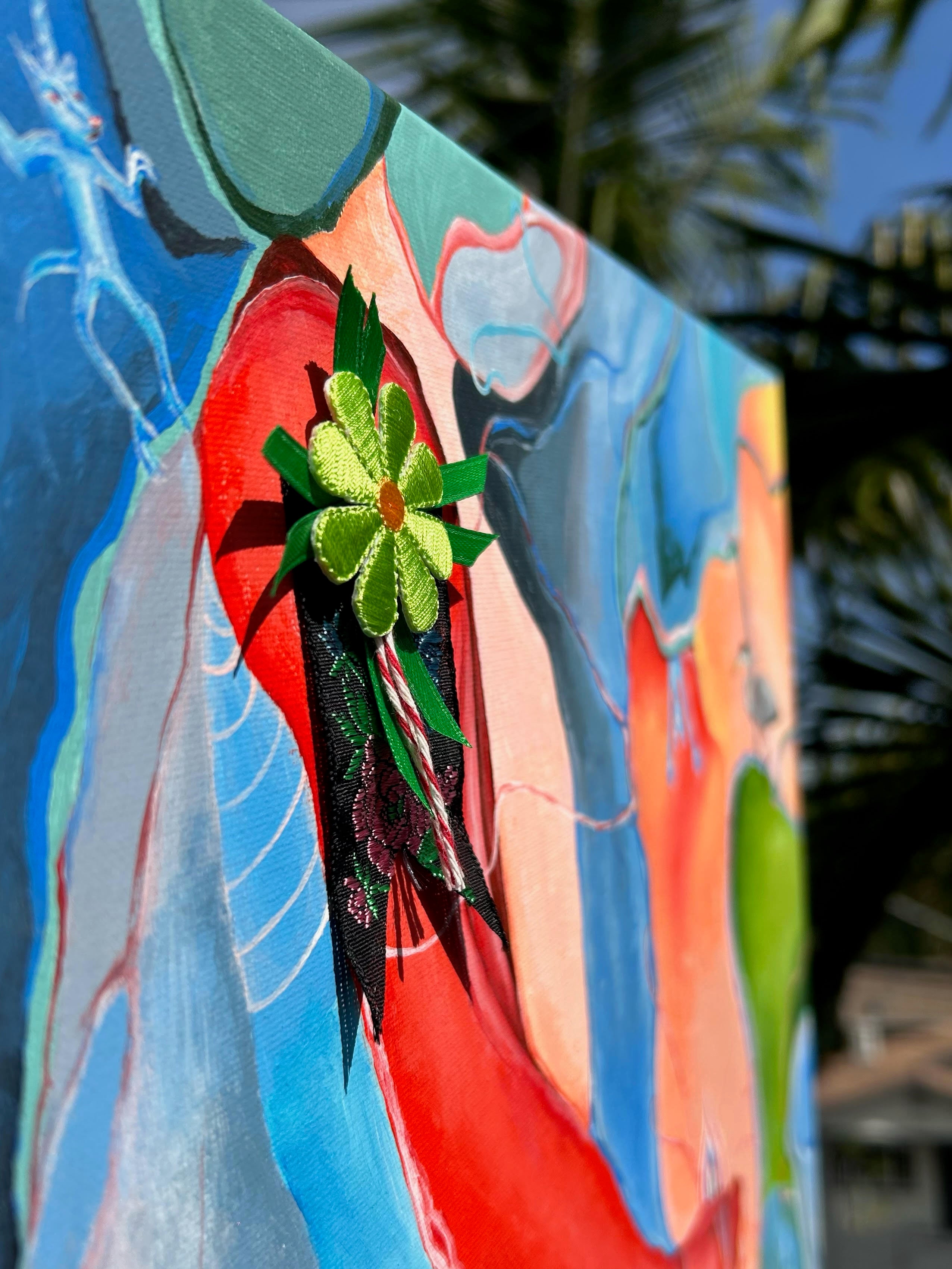 Contemporary Mixed Media 'FIRST PLACE' - Acrylic paint, fabric, and thread on canvas June McCall