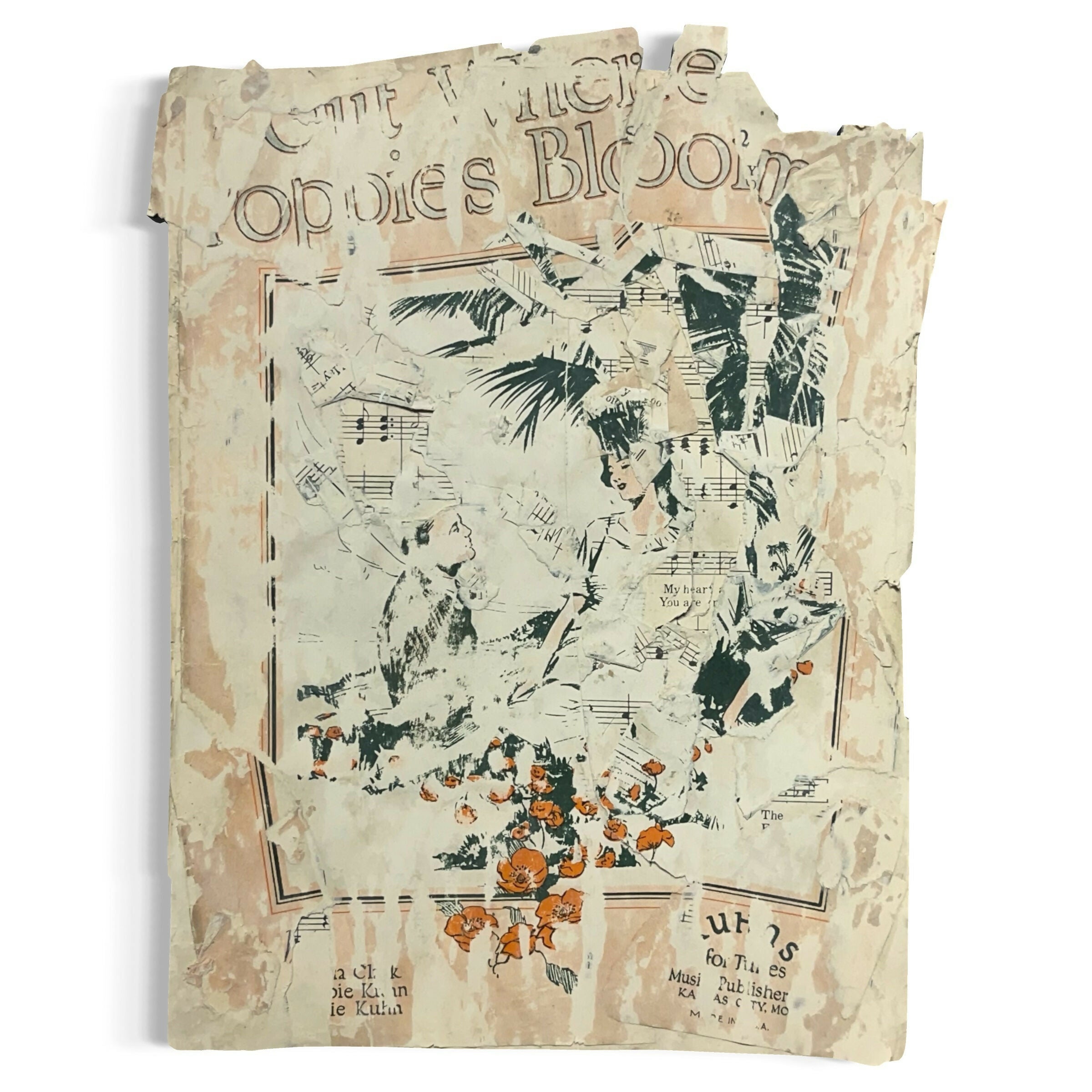 Abstract Collage Contemporary Mixed Media Painting Original Mixed Media Art Collage 10x13 "Out Where the Poppies Grow" Sheet Music Sam Lewis