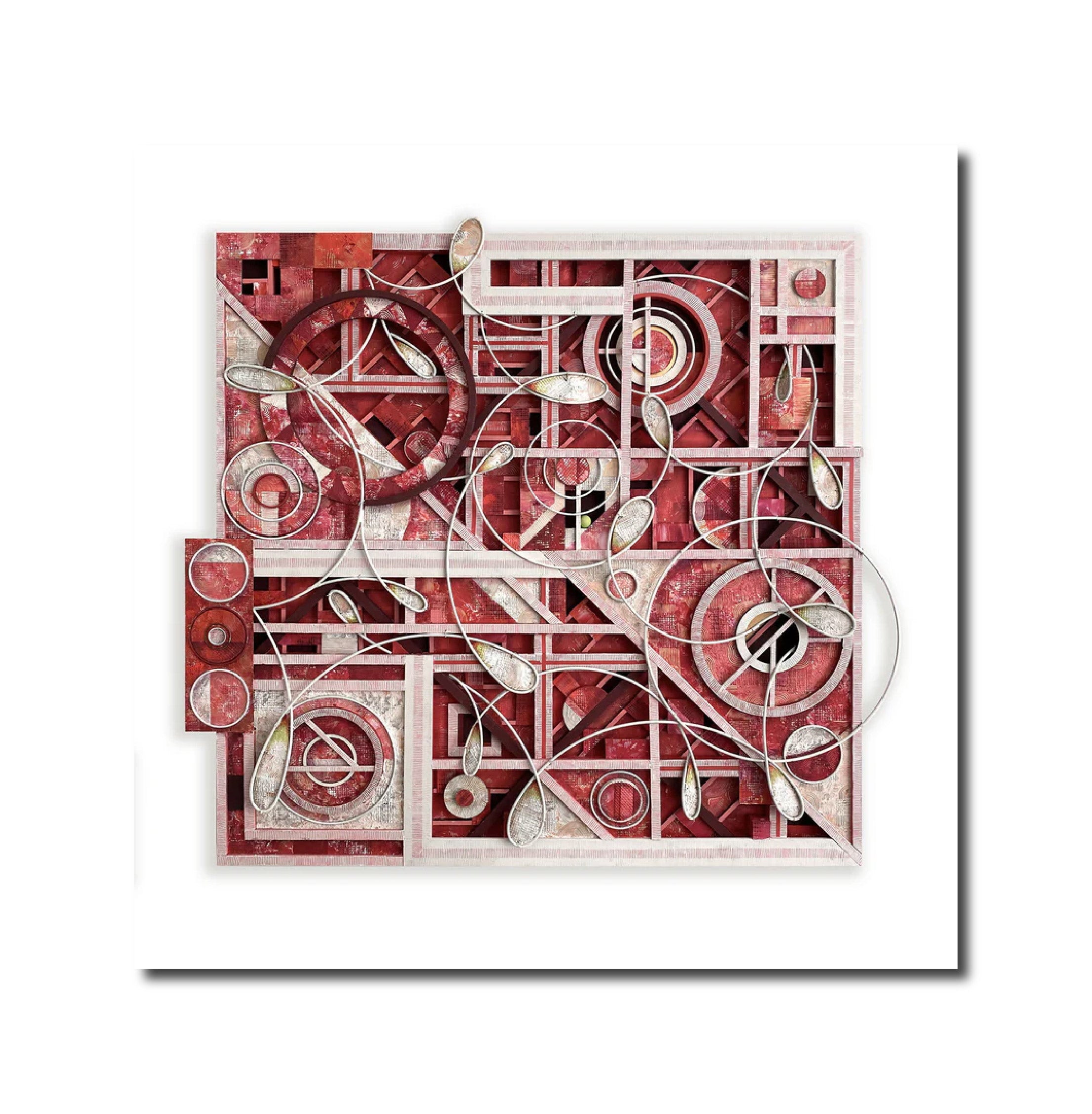 Abstract Acrylic Contemporary Design Geometric Mixed Media Painting Visionary Cardinal Red - 36 x 40 x 2.5 Chuck Fischer