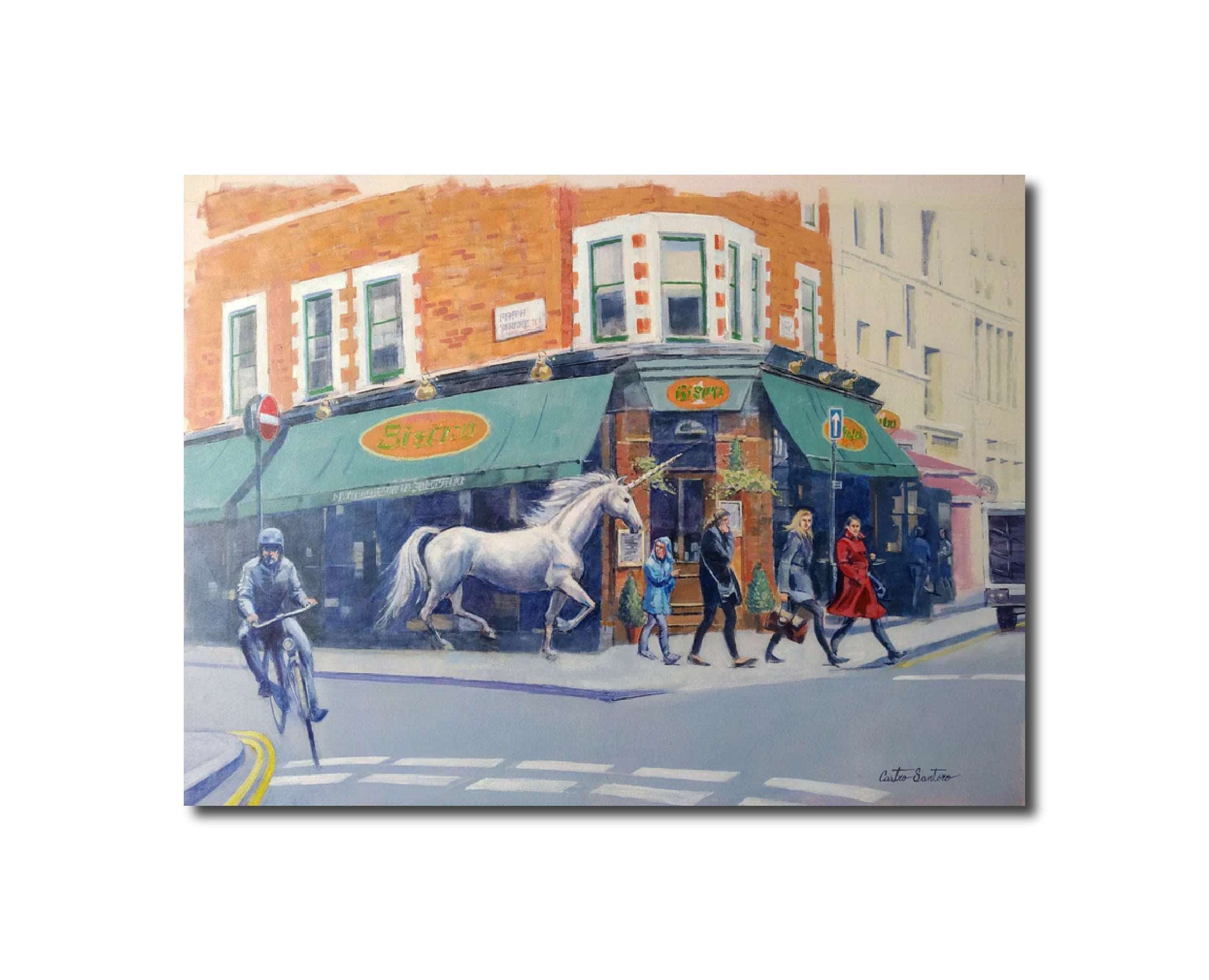 Acrylic Cityscape Figurative Painting Surrealism " Arriving to London " CastroSantoroArt