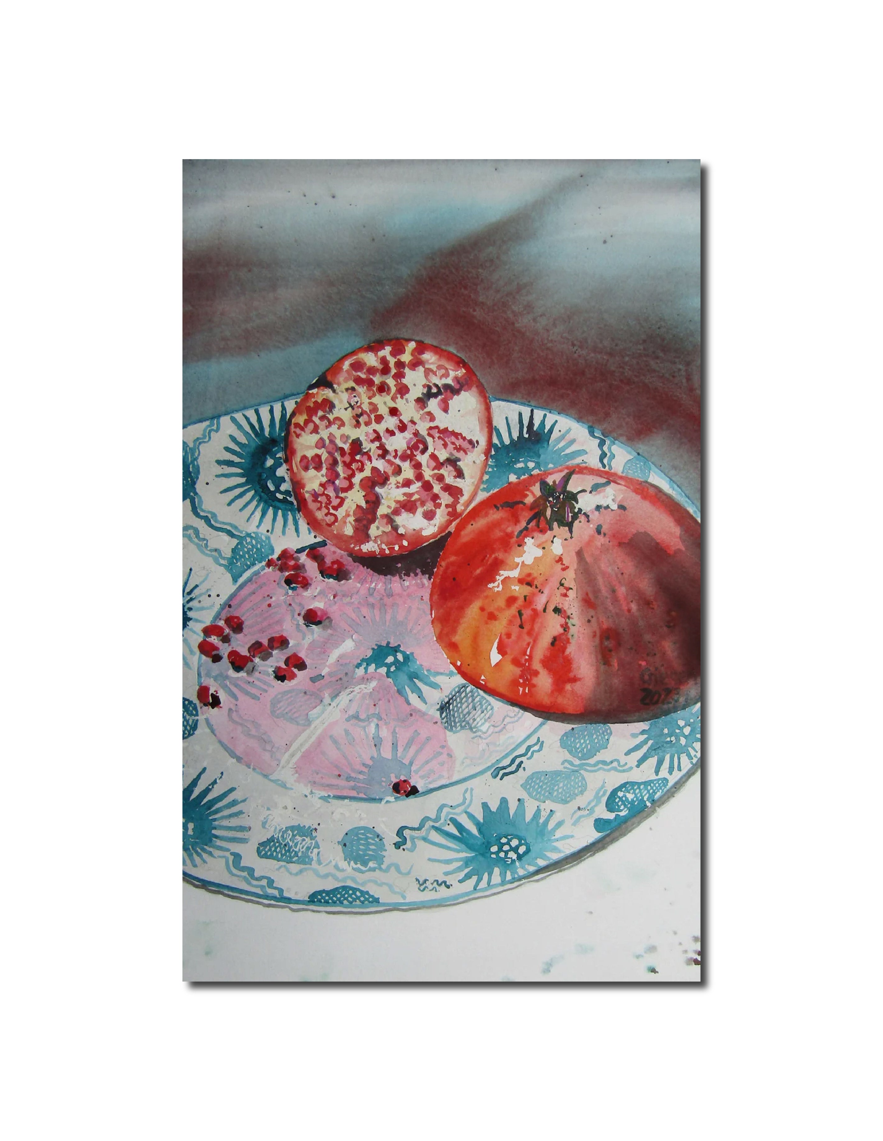 Watercolor Pomegranate with Chinese Plate 46 x 29 cm Martin Giesen