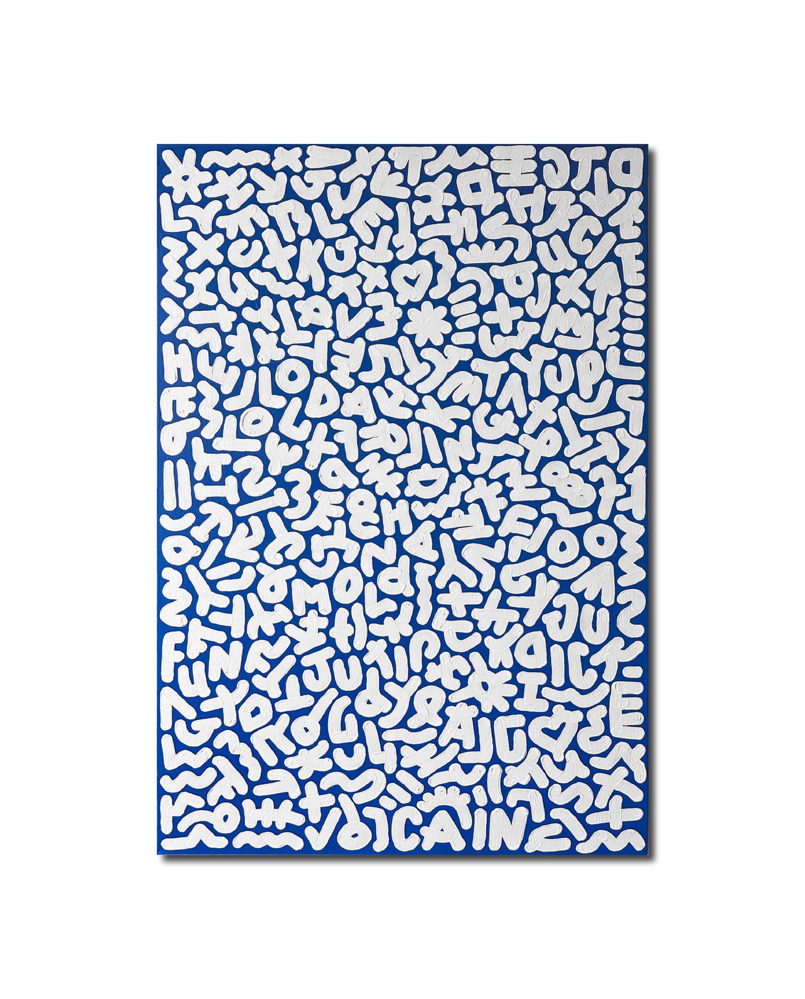 Abstract Acrylic blue Contemporary letters white 'MONDAY JUDY' - Acrylic on Canvas Oliver Cain