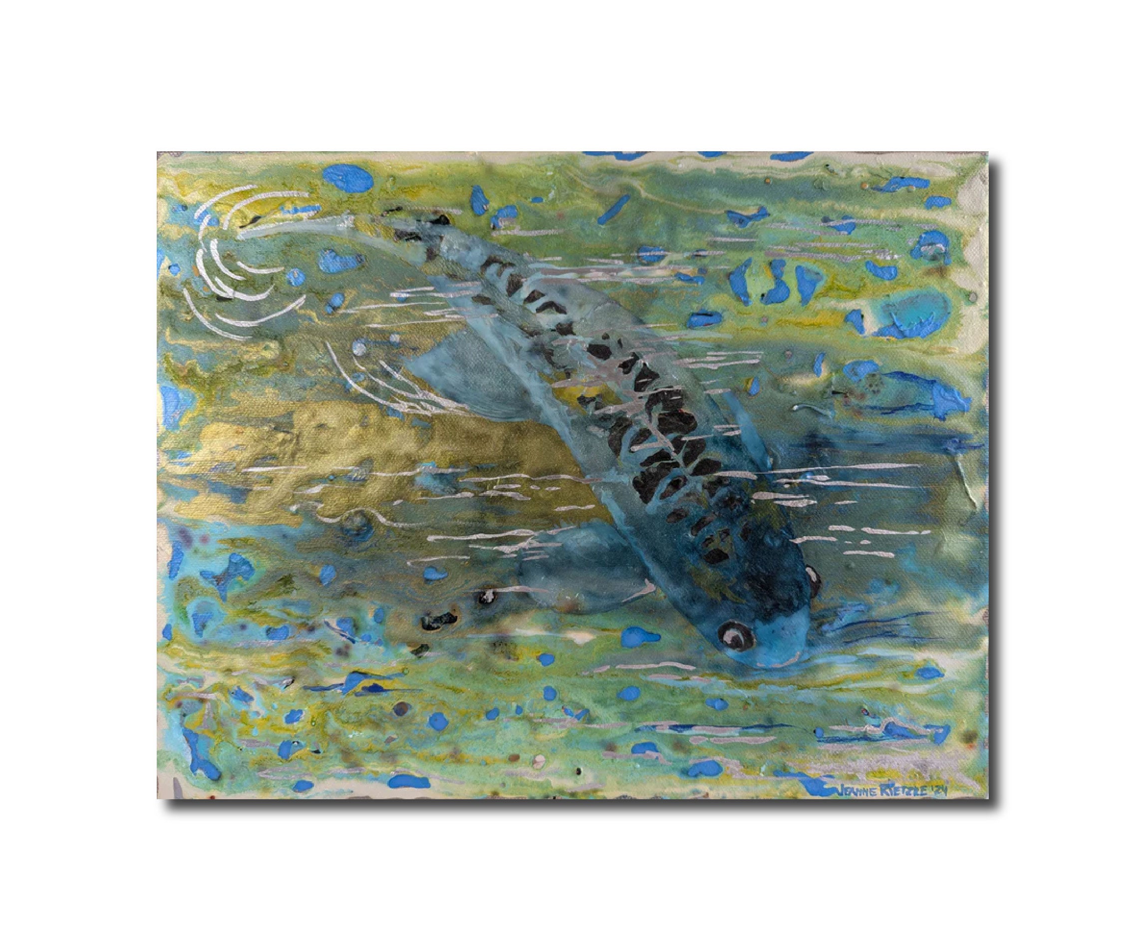 Acrylic Contemporary Ink Mixed Media 'BLUE KOI' Jeanne McIntosh Rietzke