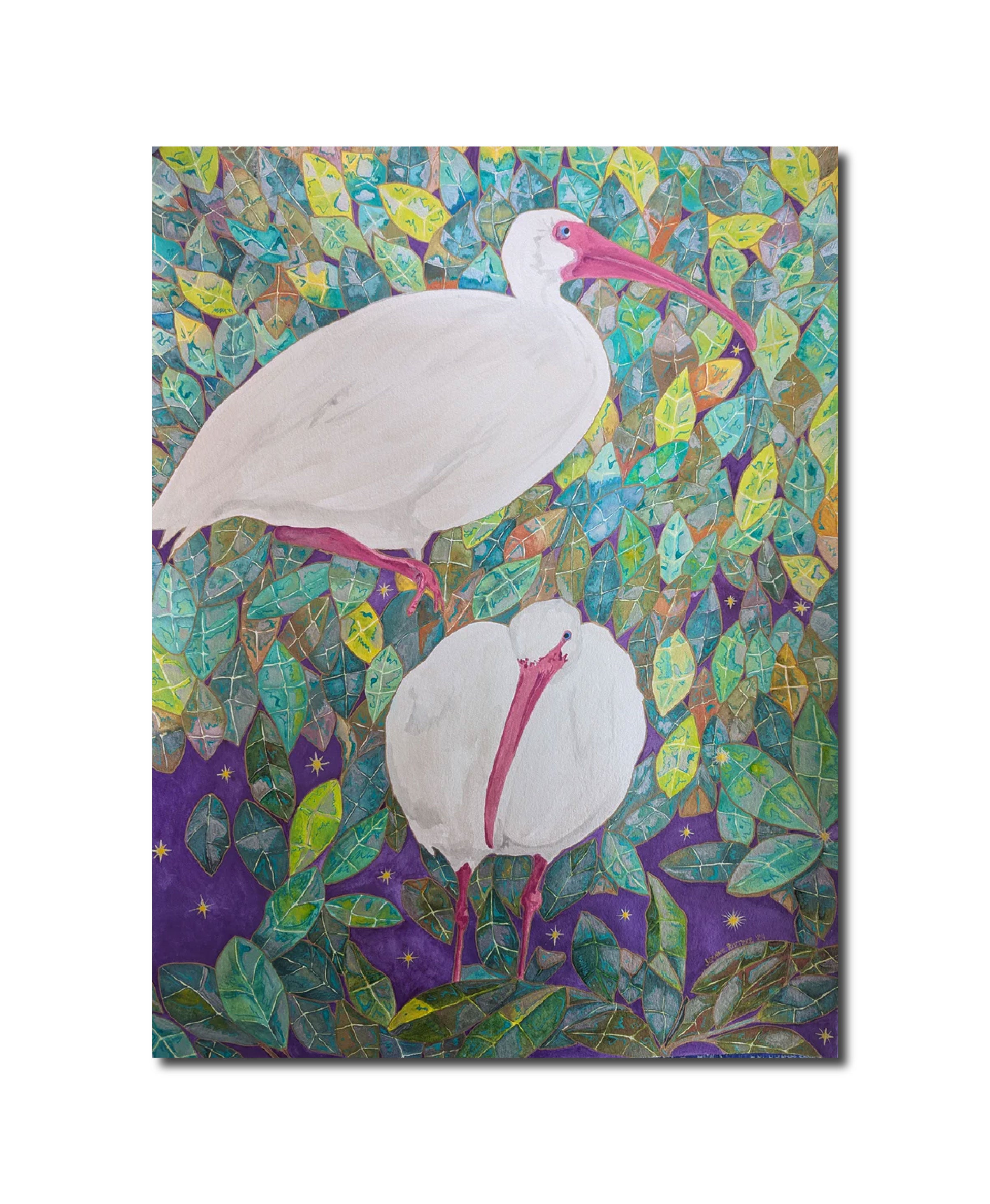 Ink Painting Watercolor 'PURPLE NIGHT WITH IBIS' Jeanne McIntosh Rietzke