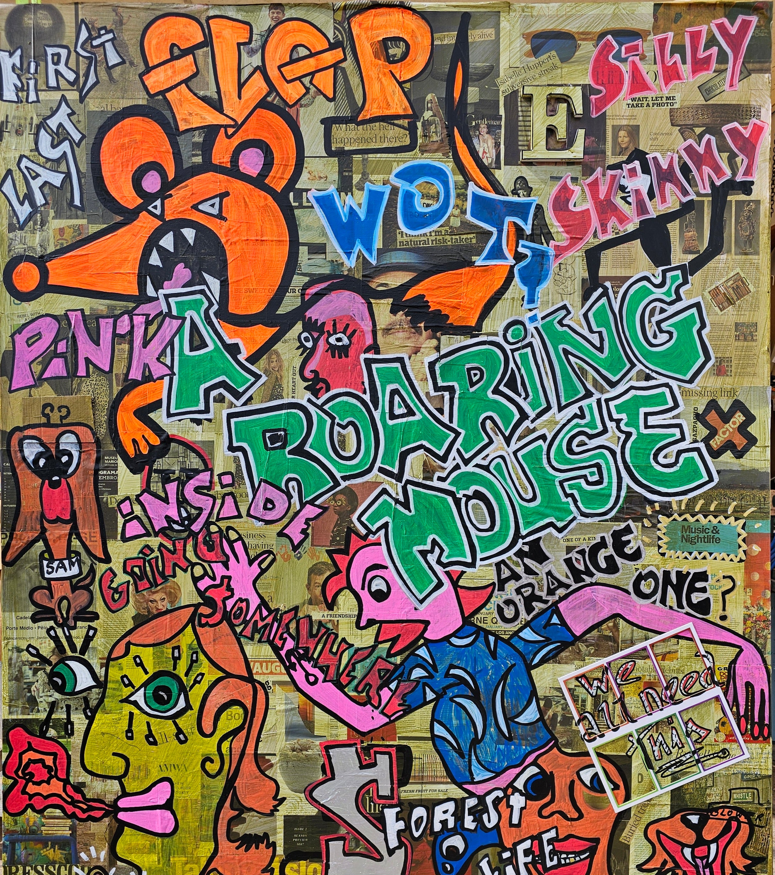 Abstract 'ROARING MOUSE' - Collage Clippings Acrylic on canvas Christopher Stone