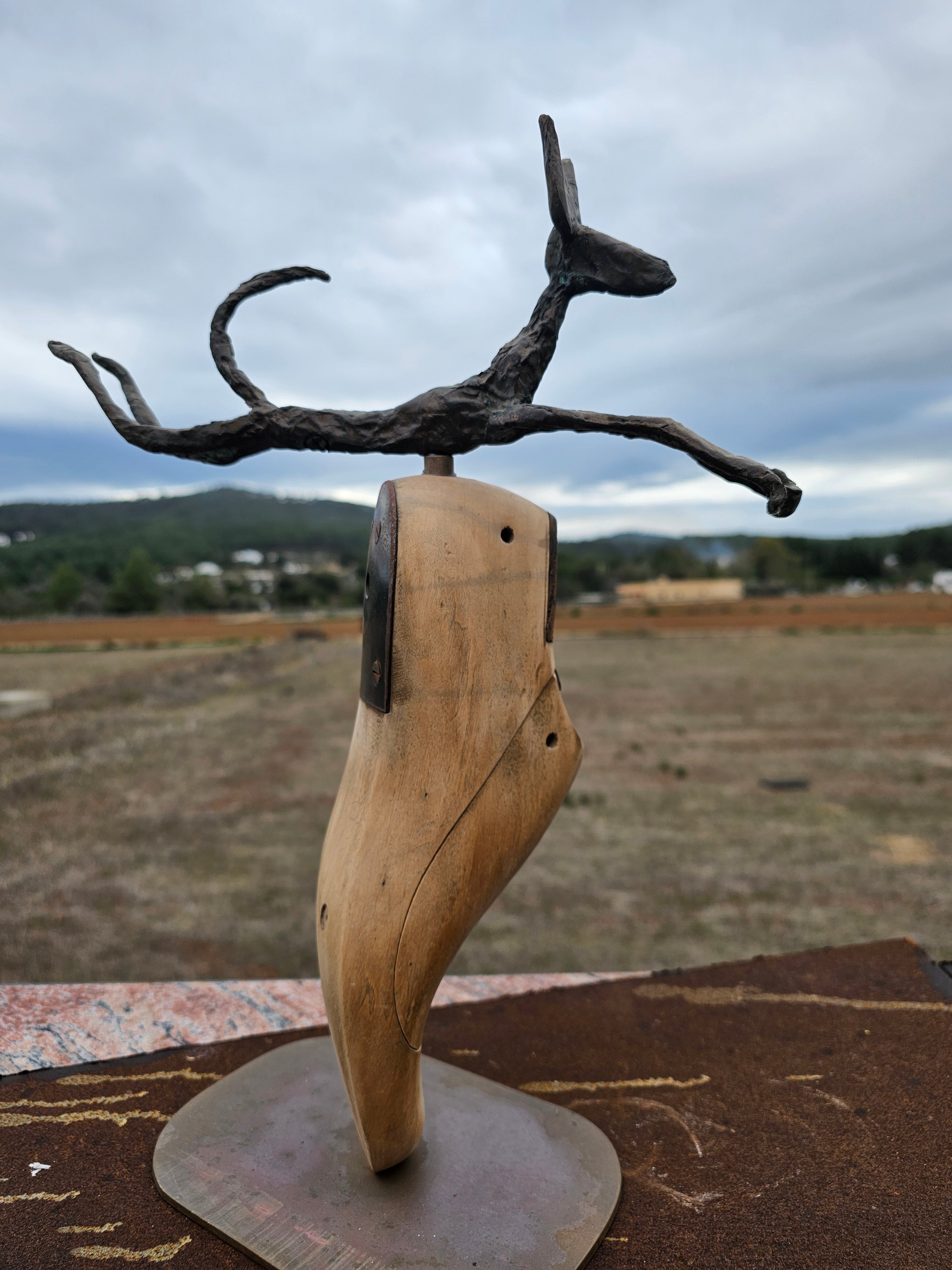 Sculpture 'SHOE TREE' - Limited edition (10) bronze leaping Podenco on antique shoe tree Christopher Stone