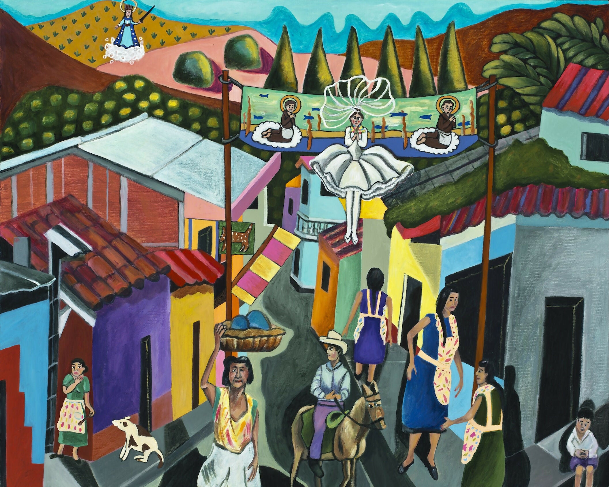 Acrylic Cityscape Contemporary Figurative Surrealist The Great Migration From El Salvador to Santa Cruz: Village Life Myra Eastman