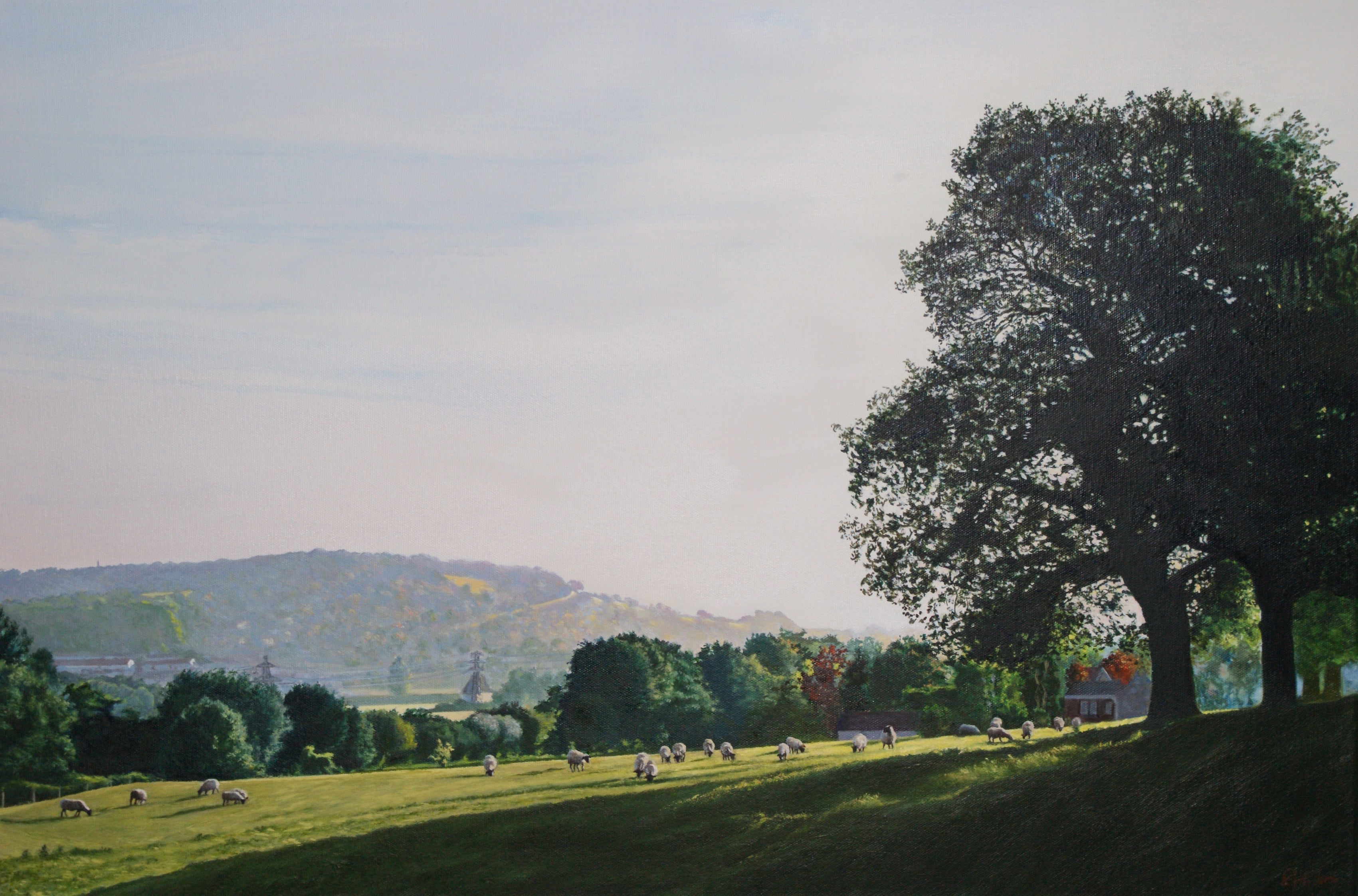 Landscape Rural scene 'ENGLISH MEADOW AT BATHAMPTON, EARLY MORNING WITH SHEEP' - Print Adams, Ronald Harry