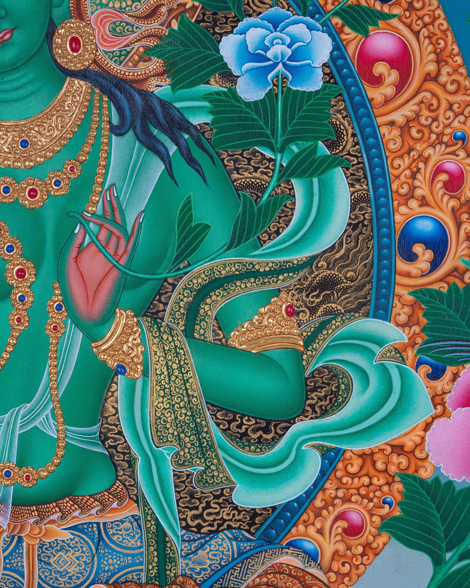 Design Figurative Painting Psychedelic Thanka Visionary 'GREEN TARA' Boudha Stupa Thanka Center