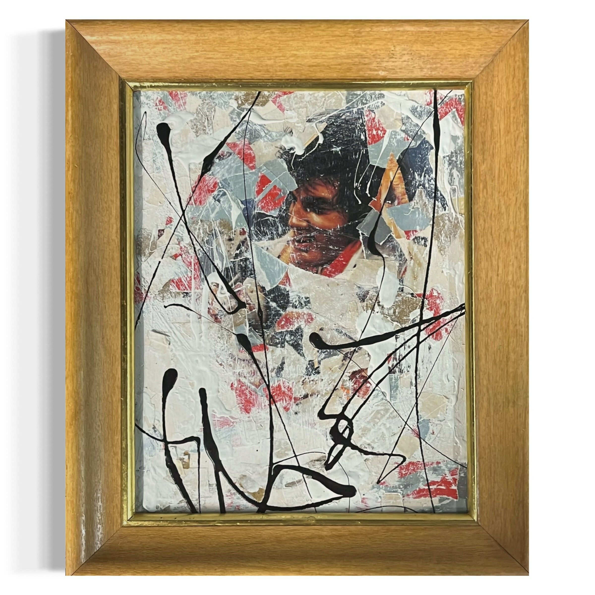 Abstract Collage Contemporary Mixed Media Painting "1970s Elvis Print" Original Framed Mixed Media Abstract Art Collage 10x12 Sam Lewis