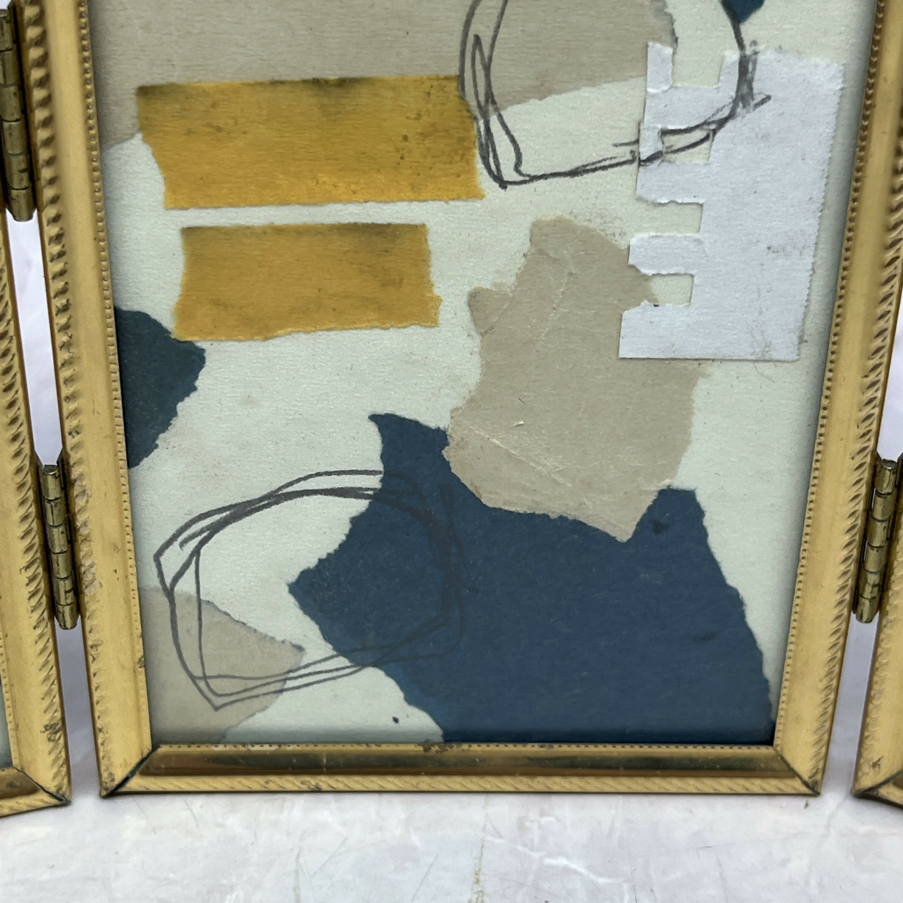 Abstract Collage Contemporary Mixed Media Painting Original Framed Mixed Media Art Collage Triptych 5x11 "Navy Construct IX" TH2 Sam Lewis