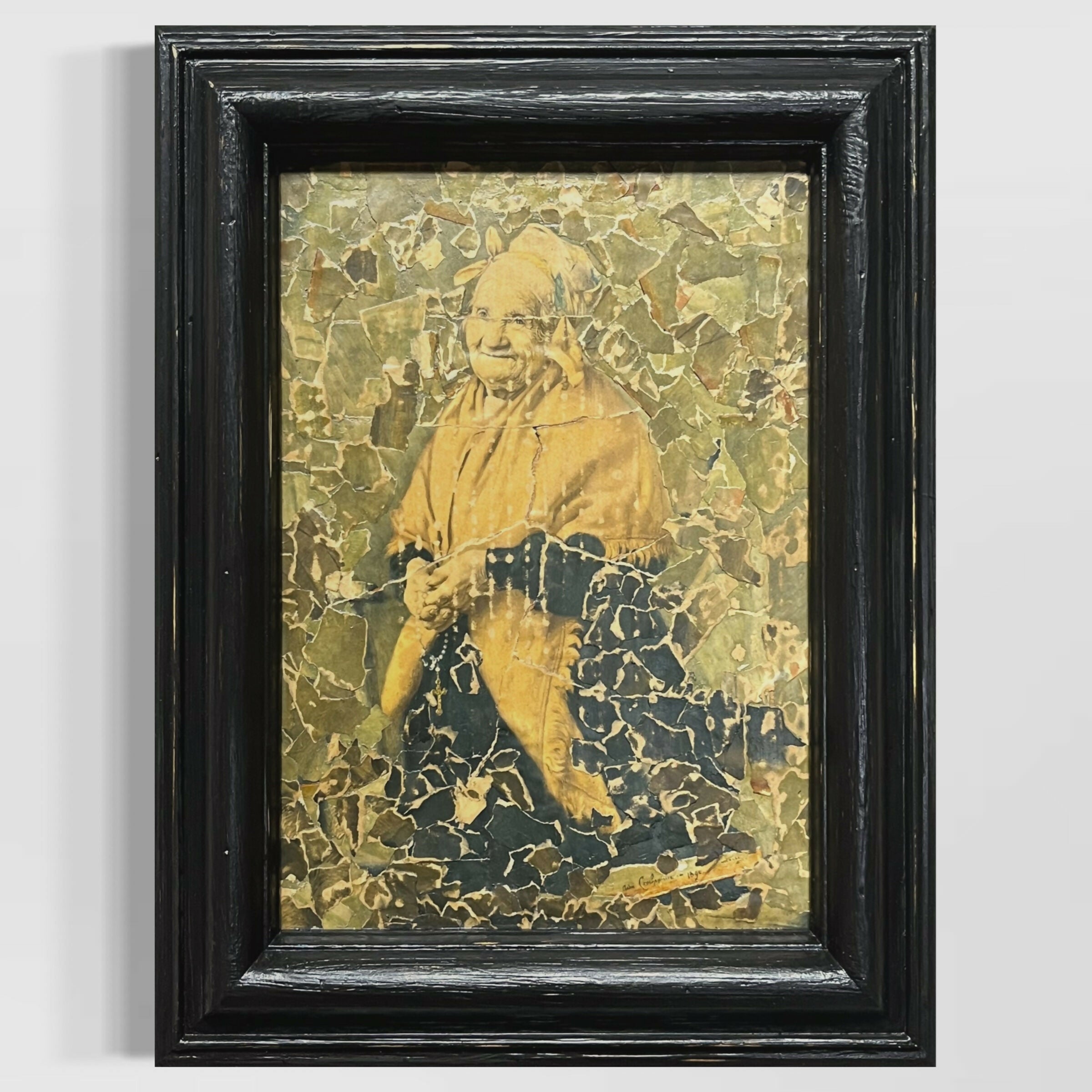 Abstract Collage Contemporary Mixed Media Painting Original Framed Mixed Media Abstract Art Collage 12x16 "Andre Antoine Crochet Pierre Peasant Woman at Prayer Collage" Sam Lewis