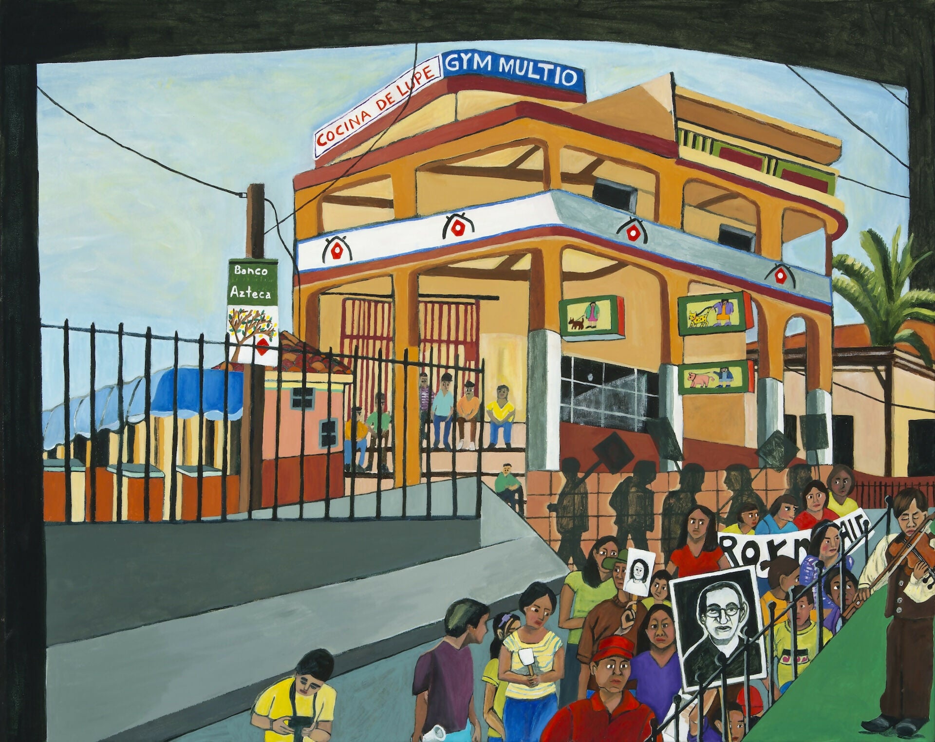 Acrylic Cityscape Contemporary Figurative Surrealist The Great Migration From El Salvador To Santa Cruz: El Banco Myra Eastman