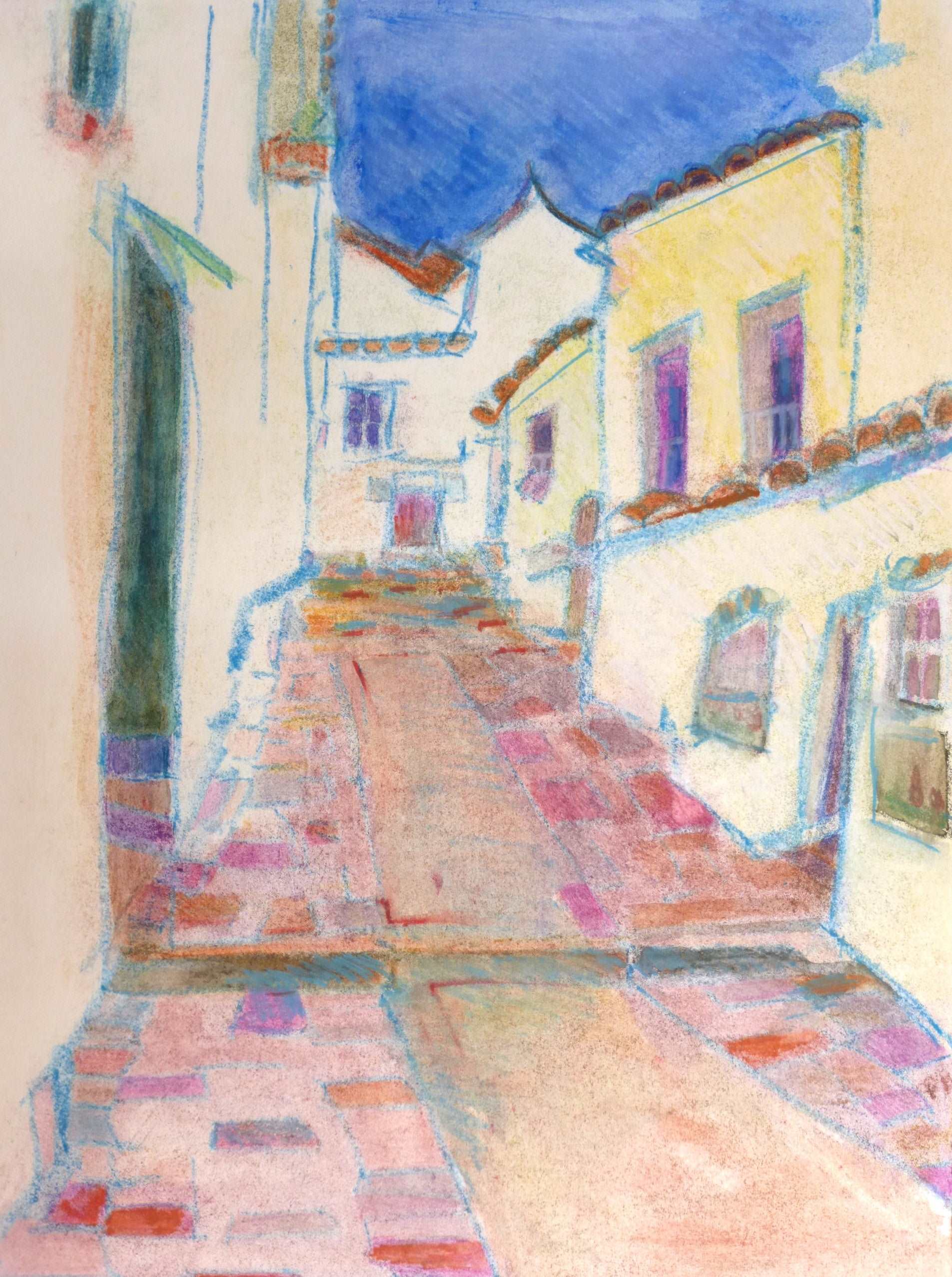 Pencil Watercolor 'A COBBLED STREET' - Handmade Original Monoprint with Watercolor and Pencil Ellen Pliskin