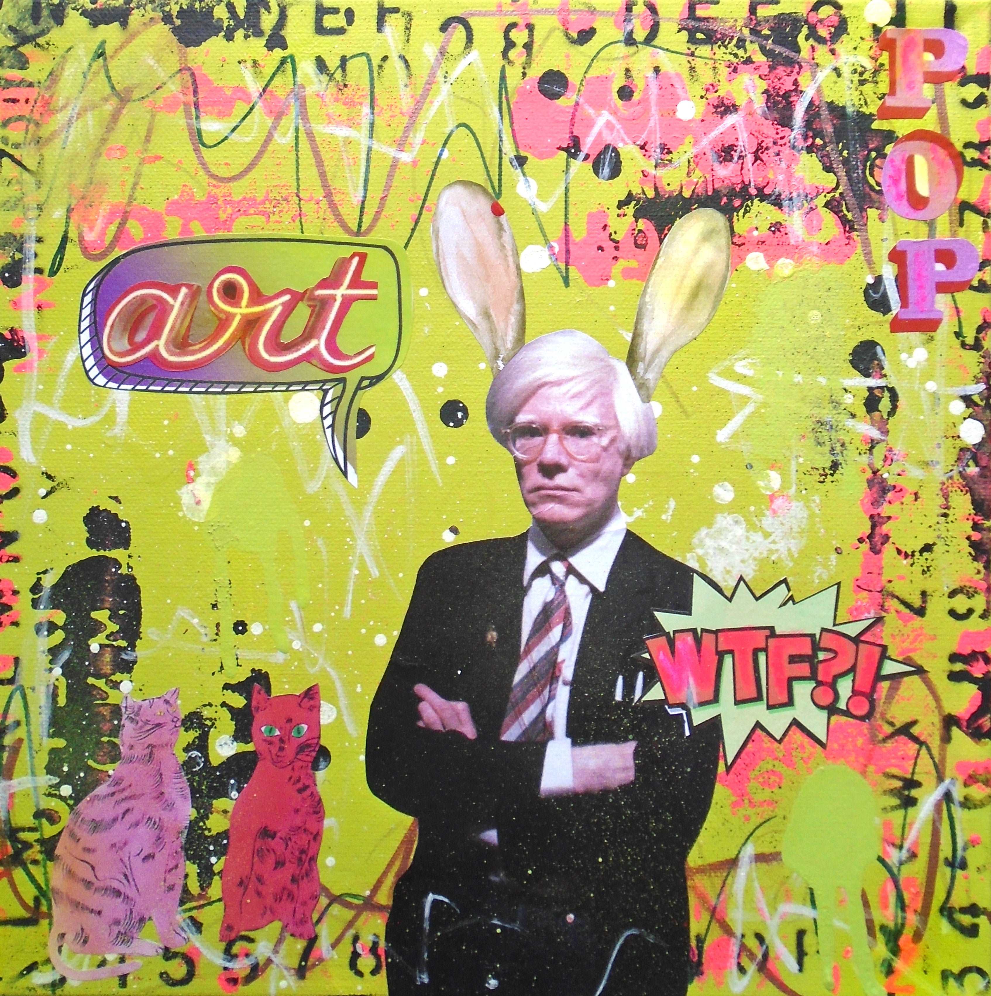 Abstract Acrylic Collage Contemporary Expressionist Figurative Surrealism Visionary 'ANDY RABBIT' - Mixed media on canvas Lorette C. Luzajic