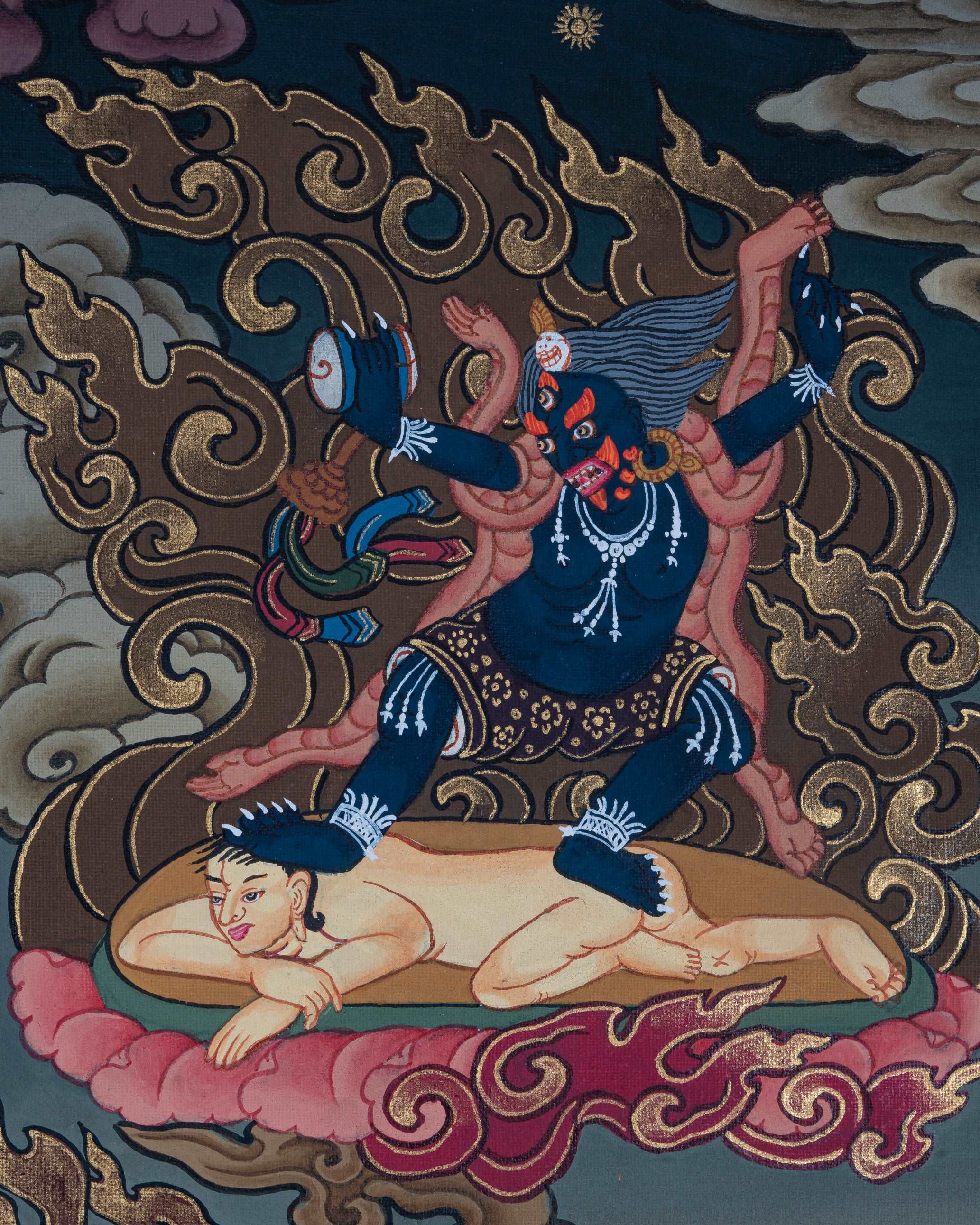 Design Figurative Painting Psychedelic Thanka Visionary '6 ARMS MAHAKALA' Boudha Stupa Thanka Center