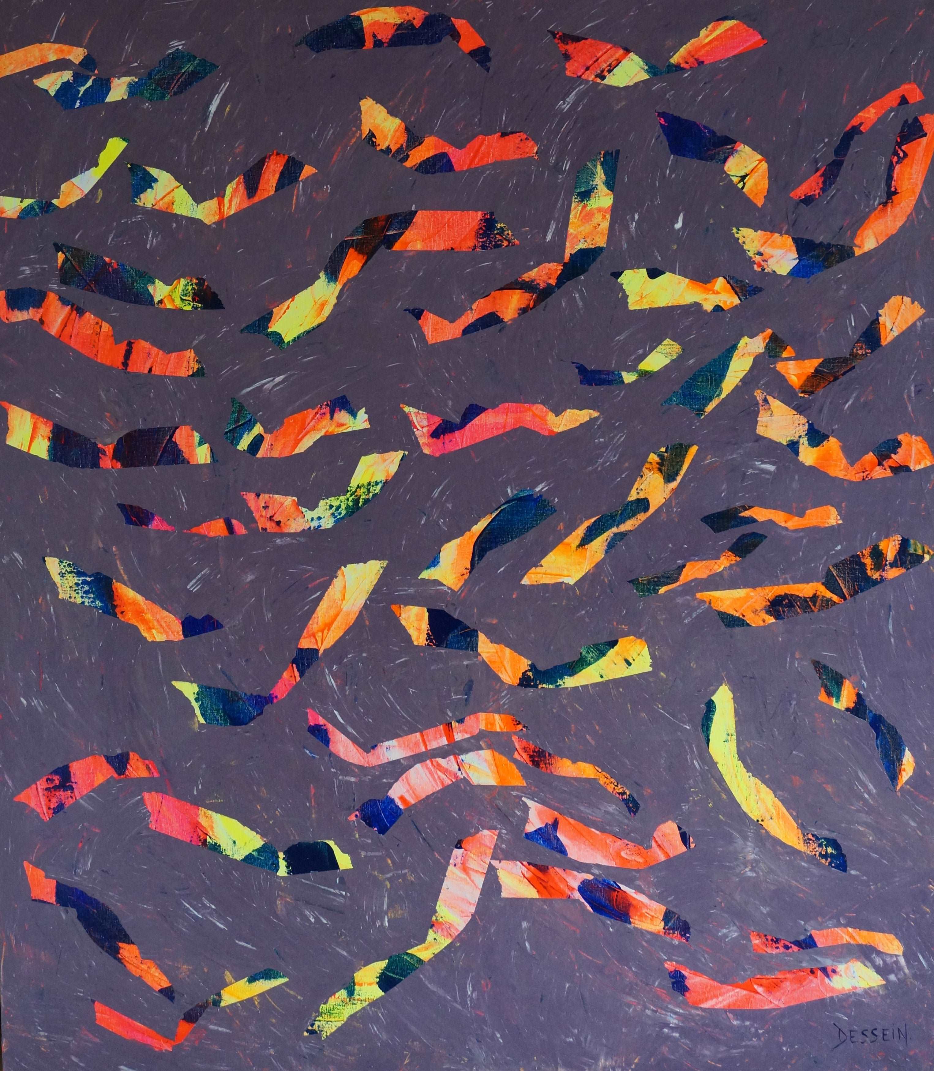 Painting 'BANC DE POISSONS' - Acrylic on canvas Delphine DESSEIN