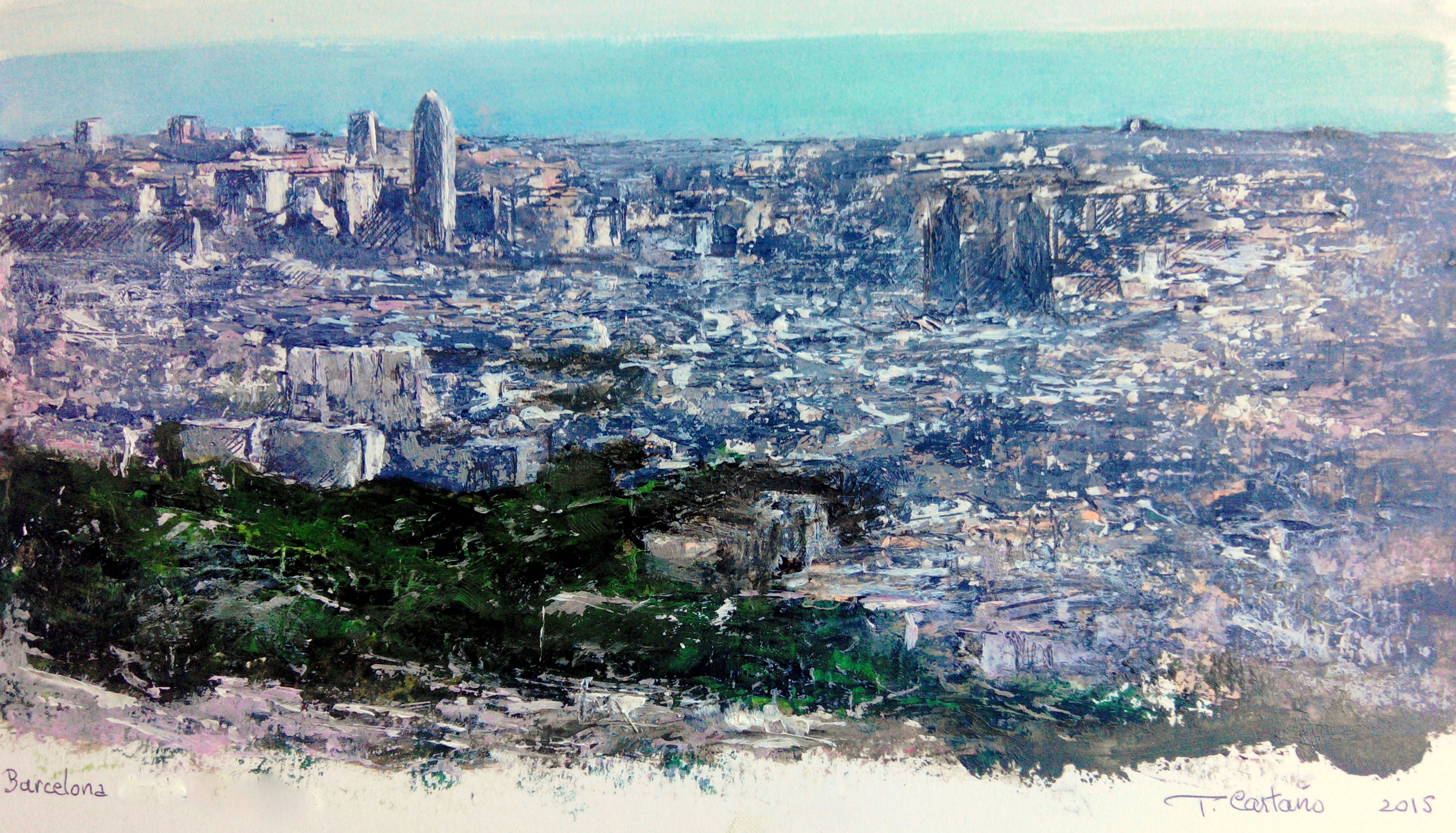 Figurative Oil Painting 'BARCELONA FROM TIBIDABO' - Oil on paper Tomas Castano