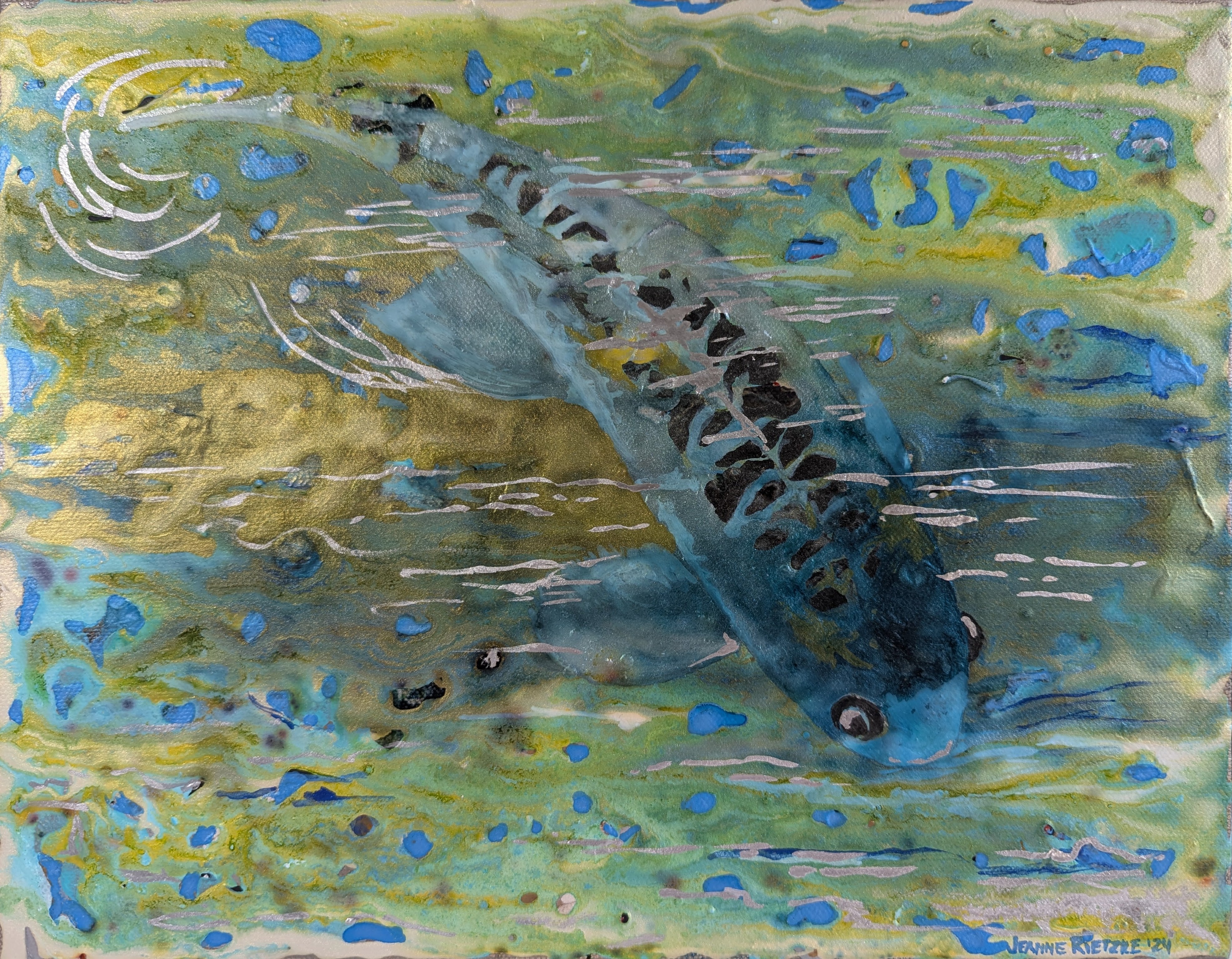 Acrylic Contemporary Ink Mixed Media 'BLUE KOI' Jeanne McIntosh Rietzke