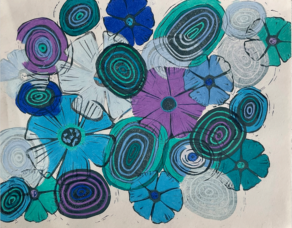 Contemporary 'BLUE BLOOM' - Print and Color Pencil Linda Gelbard