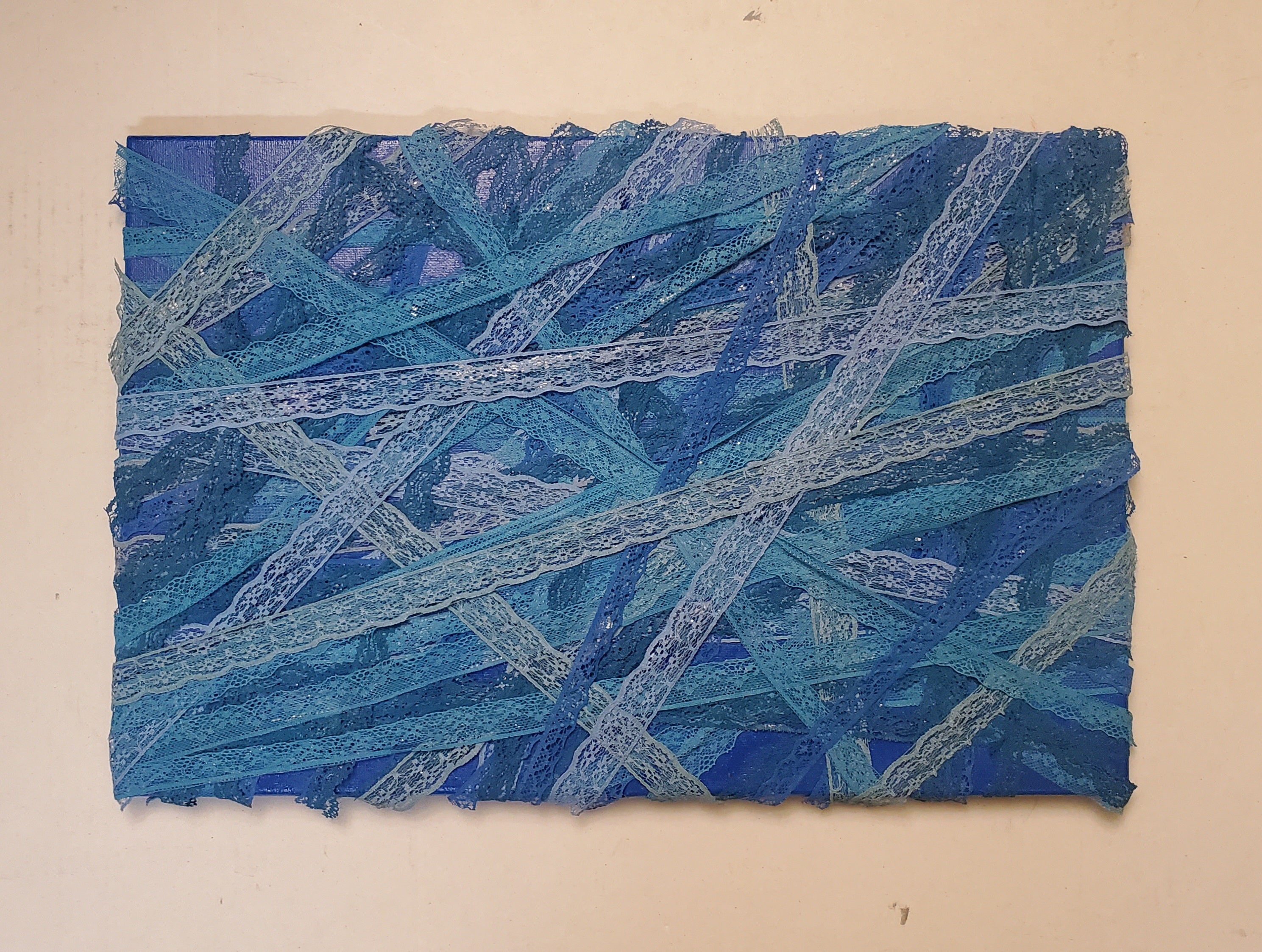 'BLUE WEBS' Acrylic, Lace, and Mixed Media on Canvas