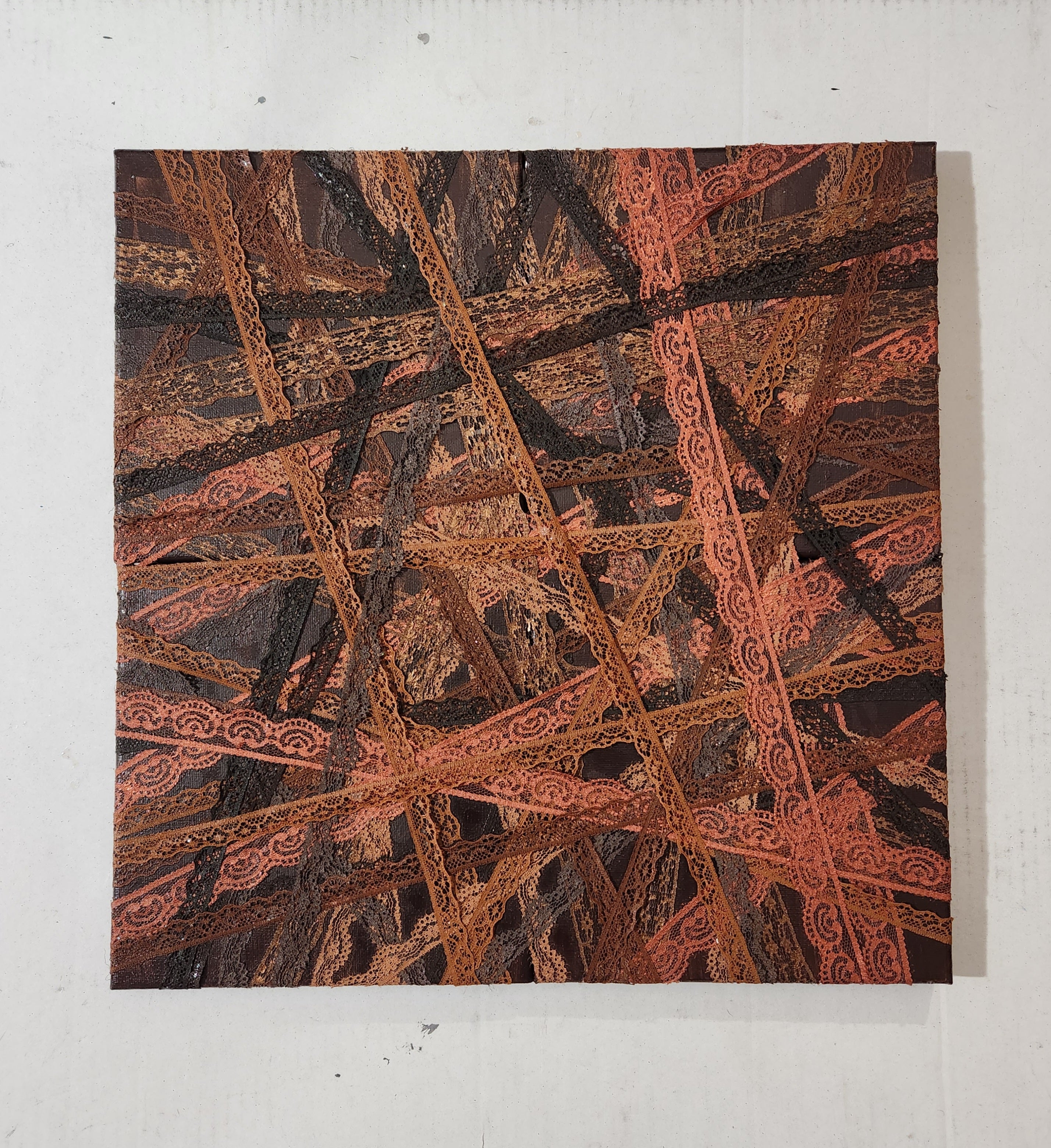 'BROWN WEBS' Acrylic, Lace, and Mixed Media on Canvas