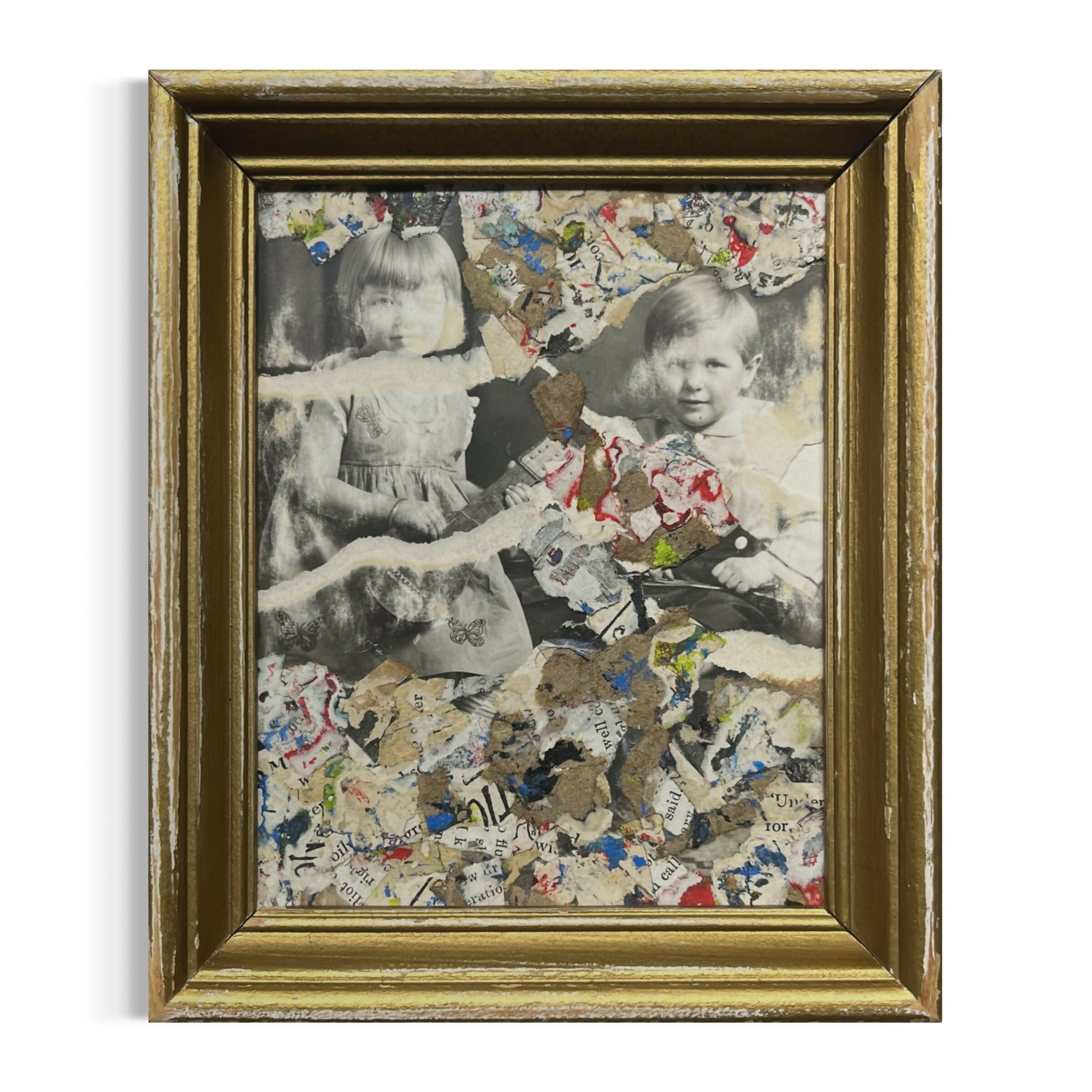 Abstract Collage Contemporary Mixed Media Painting Original Framed Mixed Media Abstract Art Collage 5x6 "Photo of Children with Guitar" Sam Lewis