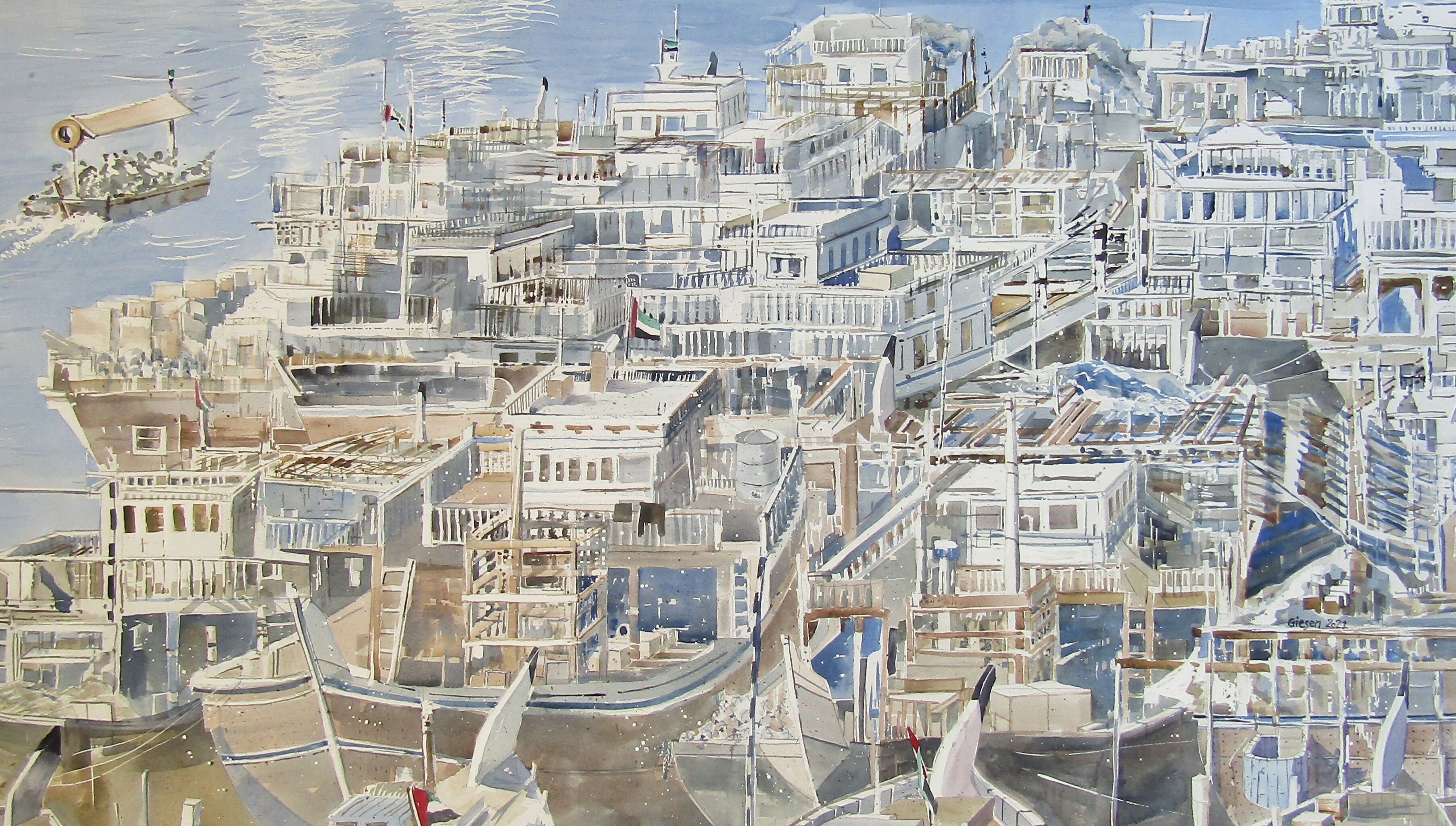 Watercolor Dubai Dhow Port, 71 x 124 cm Martin Giesen